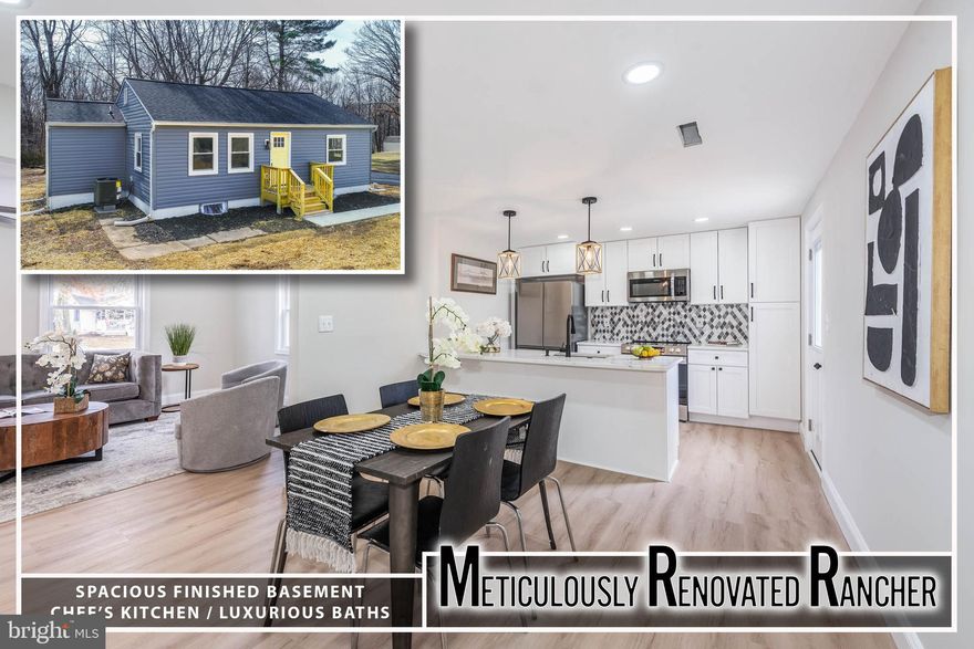 Completely Renovated Rancher with Over 2,000 Sq. Ft. of Living Space! This stunning home sits on a spacious lot and features a modern open layout. The main level boasts a bright living room, a dining area, and a gourmet kitchen with Quartz countertops, stainless steel appliances, and a stylish tile backsplash. The primary suite offers a private full bath, while two additional bedrooms share a beautifully updated hall bath with double sinks. The finished basement provides even more living space with a large family room, an additional bedroom, a full bath, and a dedicated laundry area. Enjoy outdoor entertaining on the rear deck overlooking the expansive yard. Ample driveway parking (to be installed) completes this move-in-ready home!