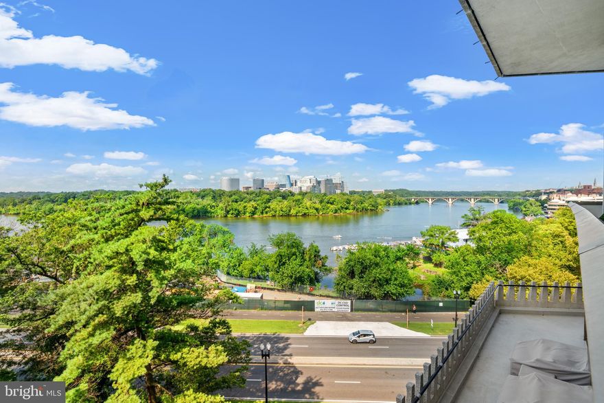 Eighth floor, corner unit with unobstructed views from every room of the Potomac River,  from Georgetown to the Memorial Bridge including the city of Arlington skyline! Completely renovated unit with 2Bedrooms/2 Baths +  half bath  with over 2600 SF.  Balcony and new floor-to-ceiling sliding door windows along the entire perimeter of the apartment to step out from each room. Luxuriously large foyer perfect for art and expansive Living Room includes wall of built-in bookshelves and bar. Additional sitting area perfect for an art gallery and room for a grand piano. The Dining Room sits affording views out of a corner wall of windows ideal for sunset viewing and waterfront activity. A library/office/den is off the chefs kitchen. The bright and spacious kitchen includes top of the line appliances, custom cabinetry and marble countertops. Washer/dryer in the unit.  Excellent storage throughout plus additional designated basement storage unit. Situated a few minutes walk to the Kennedy Center, the new Reach, Georgetown, the National Mall and river pathways. Watergate West also boasts a gym and outdoor pool with beautiful landscaped gardens. One assigned parking spot (rented at $300/month each) complete this spectacular offering. Parking is prepaid for 2 years.