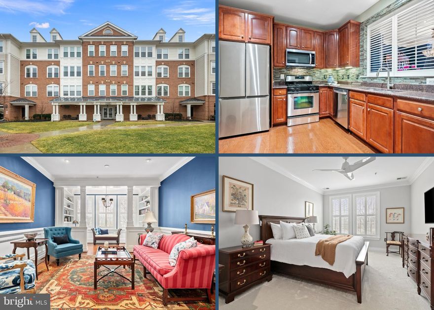 This beautifully customized 2-bedroom condo in the sought-after 55+ community of Four Seasons at Ashburn Village features timeless updates at every turn. Thick crown molding, designer lighting, and custom paint set the tone throughout, while wainscoting and hardwood floors add character to the main living areas. The dining room centers around a crystal chandelier, creating a striking place to gather. The well-proportioned living room flows into a bright sunroom with built-in shelving and a desk—perfect for a workspace, reading nook, or creative corner. The updated kitchen features stainless steel appliances, granite countertops, tile backsplash, and recessed lighting. A pass-through to the dining room keeps the space open and convenient for entertaining. A den provides a flexible room for a home office, media room, or guest area (some residents have even used this space as a formal dining room). The large primary bedroom is a comfortable retreat with new carpet and custom closets. Both bathrooms feature quartz vanities and designer fixtures, while the primary bath boasts dual sinks, floor-to-ceiling tile, and a soaking tub. Additional updates include interior shutters, new water heater in 2020, and new HVAC in 2024. A parking garage with an assigned space and a climate-controlled storage unit convey with the home. Residents enjoy a 2,500-square-foot clubhouse with a fitness center, gathering spaces for meetings and events, and a patio with picnic and BBQ gazebo areas.  As part of the Ashburn Village HOA, owners also have access to the sports pavilion, pools, tennis courts, numerous scenic lakes and ponds, and miles of walking, jogging, and biking trails. The Ashburn Senior Center is in close proximity and offers a wide range of activities and programs, while Inova Loudoun Hospital, Dulles International Airport, and numerous shops and restaurants are just minutes away. This pet-friendly residence offers a perfect blend of luxury and an active lifestyle!