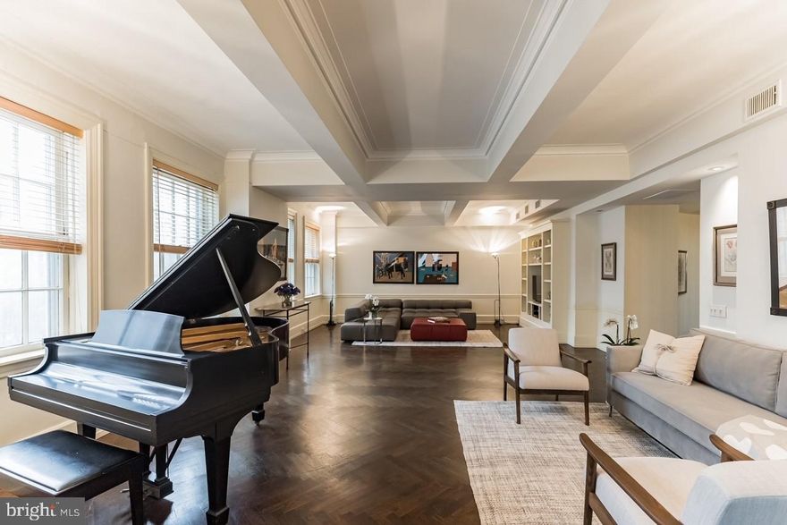 Come to this wonderful home with beautiful light, high ceilings, original hardwood floors and a spacious perfect floor plan.

There is a 30 ft wide living room facing Rittenhouse Square. It is large enough to be used as a living room/dining room combination. (The formal dining room with custom French beveled glass doors has alternatively been used as a den/guest room with a sofa bed).  

The light filled west facing large kitchen has an island (marble top), custom white cabinets, a breakfast bar, white quartz counters and backsplash. The appliances include Wolf gas cook top, Jenn-air double oven, Subzero refrigerator and Asko dishwasher. The kitchen alcove previously had a wall up separating it from the kitchen. There is a laundry room.

The primary suite faces Rittenhouse Square with a custom walk-in Joanne Hudson Poliform closet, luxurious  bath with two large windows, two Nobel pedestal sinks, Kohler whirlpool soaking tub and Toto toilet. Lovely Second bedroom with white en-suite bath includes waterworks fixtures. 

 A huge amazing storage room is included with this residence. The caring 24 hour staff is sure to make you feel that you have come home. 
 Owner is married to a PA licensed realtor. Click on floor plan icon to see floor plan.
Estimated 2023 taxes are $17,643