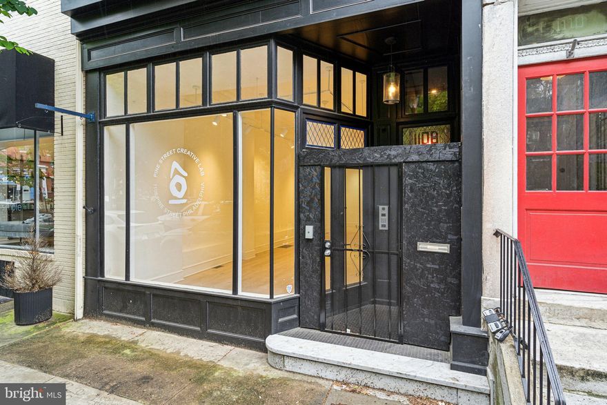 An extensively renovated commercial property is offered.Ideally located on Pine Street within the heart of Washington Square West's Antique Row and overlooking the verdant Kahn Park. The recently renovated property is steps from Seger Park, Good Karma Cafe, Whole Foods, Acme, Bleu Sushi, Tria Cafe, Varga, Mixto, Platoon Fitness and SEPTA bus routes. The first floor commercial space contains 2500 Sqft of lease-able area. Currently built-out for an art gallery, minor improvements could accommodate a wide array of business models.