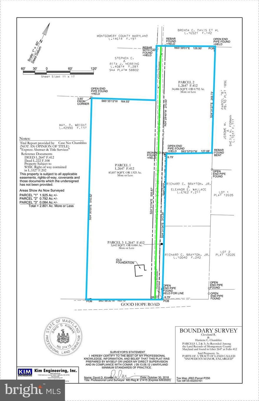 Three lots combined into one 2.80 acre lot for zoning and real property tax purposes allowing buyers to explore residential building opportunities on the largest lot along Good Hope Road. Montgomery County has waived platting requirements for the largest lot saving considerable time and expenses normally required to plat. A private gravel road provides access from Good Hope Road to the rear lot and is shared with other nearby property owners. A survey of the property showing the three lots and the gravel road is attached along with the zoning map that outlines the combined lots and the official waiver letter recently reconfirmed by the Montgomery County Planning Department.
