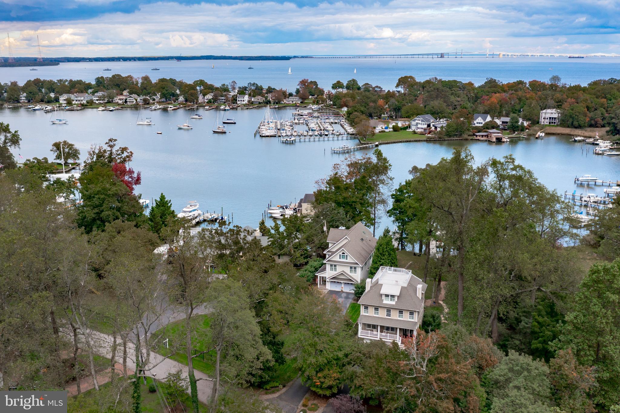 **New Price!!** Fantastic transitional Waterfront home in Bay Ridge with private, deep water pier (5' -6' mlw) on Lake Ogleton. Elevated home with lovely path to pier and beach. Pier offers 10,000 lb boat lift, with two additional slips and room for more. Pier offers water and electricity. Beach is approximately 40' wide. Bay Ridge Open Space next door contributes to privacy and access to nature. There are so many opportunities for play on the ball field across from this home. This four-level home offers multiple spaces for living, entertaining, working and recreating - from the finished lower level walk-out all the way to the "widow's walk" roof-top deck overlooking the Chesapeake Bay. The two-car garage and expanded driveway offer ample parking space. The inviting IPE steps and front porch lead you to the Open floor plan with Brazilian hardwood floors, and a wall of windows opening to nature and water views. Large gourmet kitchen w/ granite countertops and updated cabinets. Elevated dining area and recently added home office. Fantastic primary suite has new carpet, a gas fireplace and killer views of nature and Lake Ogleton! The four upper level bedrooms are en-suite. Three propane-powered fireplaces in lower level, family great-room and primary suite! Bedroom-level laundry room. Outdoor entertaining includes: Fire pit, slate patio, and two Rooftop decks! Finished walk-out basement with garage access, bedroom and full bath, storage and new carpet. Whole-house generator. Bay Ridge is a highly sought after community with: a community pool, beaches, a marina, club house, playground and sports courts. Annual parades and events are a common occurrence. On-site security is a bonus! Residents enjoying the one-of-kind Chesapeake Bay views and boating on Lake Ogleton are a common sight. Fast access to all major commuting routes to DC, Baltimore and the Eastern Shore! ** Bay Ridge is a Special Tax Assessment District and the Community membership dues of $300 year are requested. Additional fees are required for pool and marina memberships.