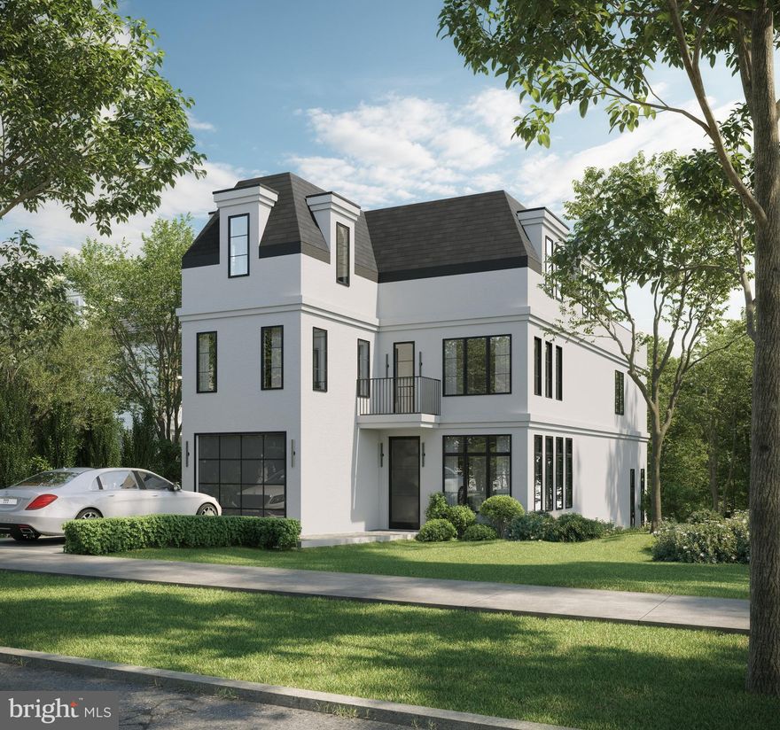 A modern Parisian-inspired stately residence defined by classical proportions and refined contemporary detailing, The Highgate is a newly constructed, custom-crafted home in one of Washington, DC’s most prestigious and tightly held neighborhoods. Ideally sited on a quiet, tree-lined street in Kent, this seven-bedroom, seven-and-one-half-bath residence is fully finished and designed and developed by Silverstone Group. This true ground-up build offers approximately 7,182 square feet across four expansive levels.

The exterior is timeless and restrained, finished in white stucco with custom fabricated gutters and downspouts and a premium EcoStar synthetic slate roof. Marvin Ultimate and Elevate windows flood the interiors with natural light and frame treetop views. Ceiling heights define the architecture throughout: approximately nine feet on the lower level, eleven feet on the main level, ten feet on the second level, and dramatic fourteen-foot ceilings on the top level. The great room rises to nearly fifteen feet, creating volume and quiet grandeur.

The main level balances formal entertaining and everyday living, with formal living and dining rooms, a gracious entry foyer, and powder room. A stunning great room with gas fireplace flows into a chef’s kitchen with paneled Sub-Zero and Wolf appliances, fully custom cabinetry, and an oversized butler’s pantry. Glass doors open to a covered rear deck, roughed-in for a future outdoor kitchen, with stairs to a fully leveled and professionally landscaped backyard.

The second level features four ensuite bedrooms, including a luxurious primary suite with a gas fireplace. The spa-caliber primary bath includes heated marble floors, dual showerheads, soaking tub, double vanity, dedicated makeup, and Toto smart toilet. A second laundry room is also located on this level.

The top level offers a dramatic media room with fourteen-foot ceilings and wet bar, two additional ensuite bedrooms, and direct access to a large rooftop terrace with TimberTech decking, outdoor kitchen, and unobstructed treetop views extending into Virginia.

The lower level offers exceptional versatility with a media lounge and wet bar, gym, storage room, mudroom, full-size laundry room, and additional bedroom, ideal for guests, recreation, or extended stays.

Interior finishes include French white oak sand-in-place flooring, extensive custom millwork, bespoke cabinetry, custom doors with Baldwin hardware, and marble bathrooms throughout. Waterworks fixtures are featured in the primary bath, powder room, and kitchen, with Brizo fixtures elsewhere. Designer lighting and three fireplaces anchor the great room, formal living room, and primary suite.

The home is engineered for performance with two Carrier HVAC systems and four independent zones, energy recovery ventilator, and smart thermostats. The residence is fully sprinklered and includes all new water, sewer, electrical, and gas systems. An elevator shaft is provided, with installation available at additional cost.

Technology is comprehensive and future-ready, with Cat6 and coax wiring in every room, in-ceiling Wi-Fi access points, over sixty Klipsch in-ceiling speakers connected to Sonos, smart control tablets, and a seven-camera exterior CCTV system.

A private front motor court accommodates two vehicles, complemented by an oversized one-car garage with EV charger. The rear yard includes a fully integrated rain and stormwater retention system, irrigation, and landscape lighting.

The Highgate represents a rare offering in Kent: a newly constructed, architecturally disciplined residence where classical proportion, modern systems, and refined craftsmanship converge.

Pictures of front and rear are renderings.