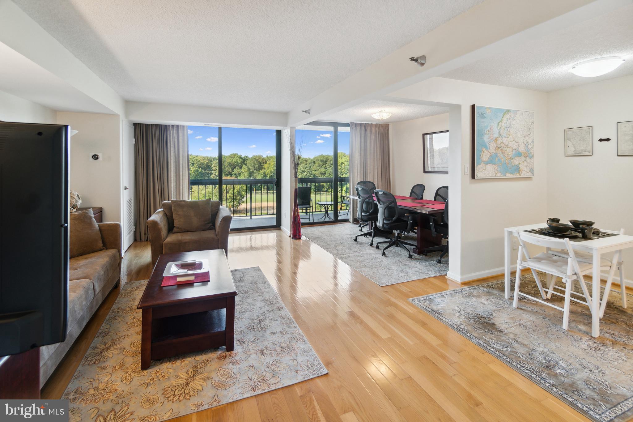 Spectacular views and lots of natural light await you in this well appointed and spacious 2-bedroom, 2-bathroom unit. Available for move-in by August 1. The unit features genuine hardwood floors, a large balcony with a grand view, a dedicated dining area, an open kitchen, and plenty of closet space. The unit can come with furniture (as in the photos) and fully stocked with dishes and linens. The Chelsea Condominium has an attractive exterior with lush greenery and a grand entrance. Inside, enjoy the convenience of a 24/7 front desk, welcoming common areas, a party room, and an exercise room; each floor has a modern laundry facility for your convenience. Outside, residents have access to tennis courts, an outdoor swimming pool, and plenty of parking. Covered assigned parking (very few in the building) can be rented for an additional $75/month; brand new super energy efficient HVAC; new balcony sliding doors. Water, sewer and trash are included. Tenant pays electric (no gas in the building) and wi-fi/cable. This pet-free building is conveniently located close to Montgomery Mall, public transportation, the Beltway, and I-270.