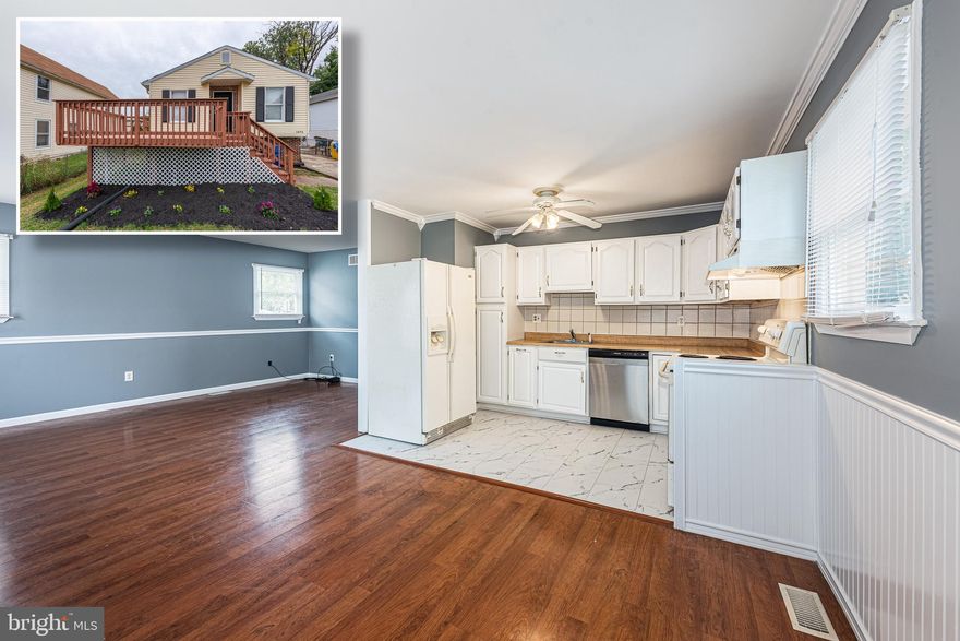 SURPRISINGLY SPACIOUS HOME WITH OVER 1,800 SQ. FT. OF LIVING SPACE!  Features include gleaming wood floors throughout the main level, a spacious living room with a dining area, a Primary bedroom suite with a full bath and 2 additional bedrooms with a hall bath, fully finished basement with walkout stairs, a family room, 2 bedrooms, and a full bath, a large, fenced yard with a storage shed, generously sized front deck, and driveway parking.  Conveniently located close to Saint Agnes Hospital, 95, and 695.