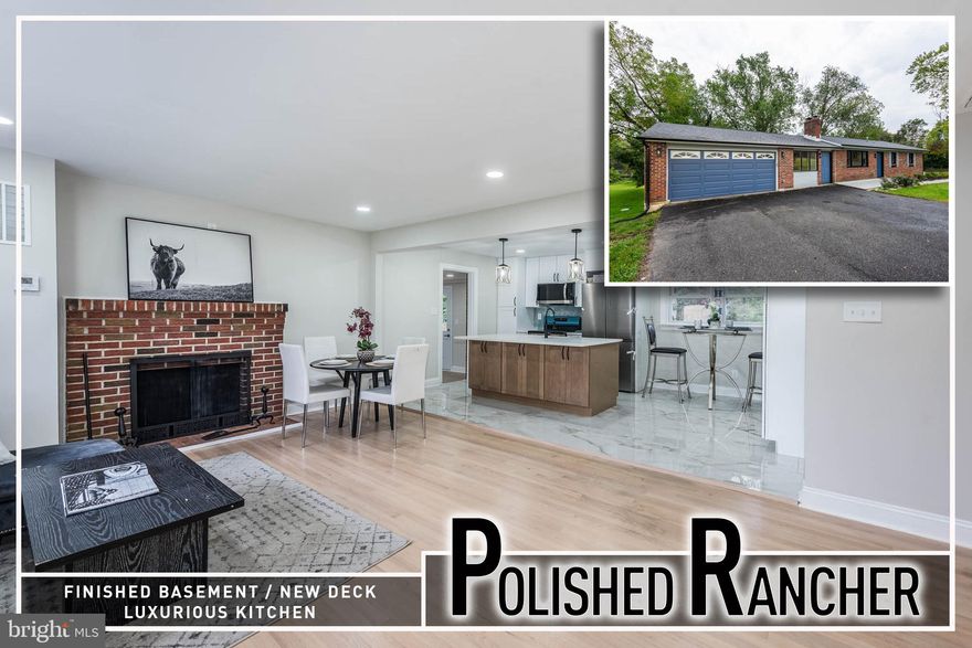 Beautifully renovated rancher situated on a prominent corner lot, offering curb appeal and modern comfort. The welcoming living room greets you with abundant natural light and a charming wood-burning fireplace, creating the perfect spot to gather. The heart of the home is the gourmet island kitchen, thoughtfully designed with gleaming stainless steel appliances, Quartz counters, and plenty of cabinet and prep space for everyday meals or entertaining. Just off the kitchen, a spacious family room with exposed brick detail provides a warm, character-filled setting and opens directly to the rear deck—ideal for outdoor dining and relaxation—as well as the oversized 2-car garage with additional 4 car parking. The main level features 3 generously sized bedrooms, including a private Primary suite with a spa-inspired bath boasting dual vanities, a walk-in shower with custom tile, and a large closet. The fully finished walkout basement expands the living space with a bright and open recreation room, 2 additional bedrooms, and a full bath, making it a versatile retreat for guests, a home office, or multigenerational living.  Set in a convenient location close to shopping, dining, schools, and major commuter routes, this home combines modern updates with thoughtful design in a sought-after setting.