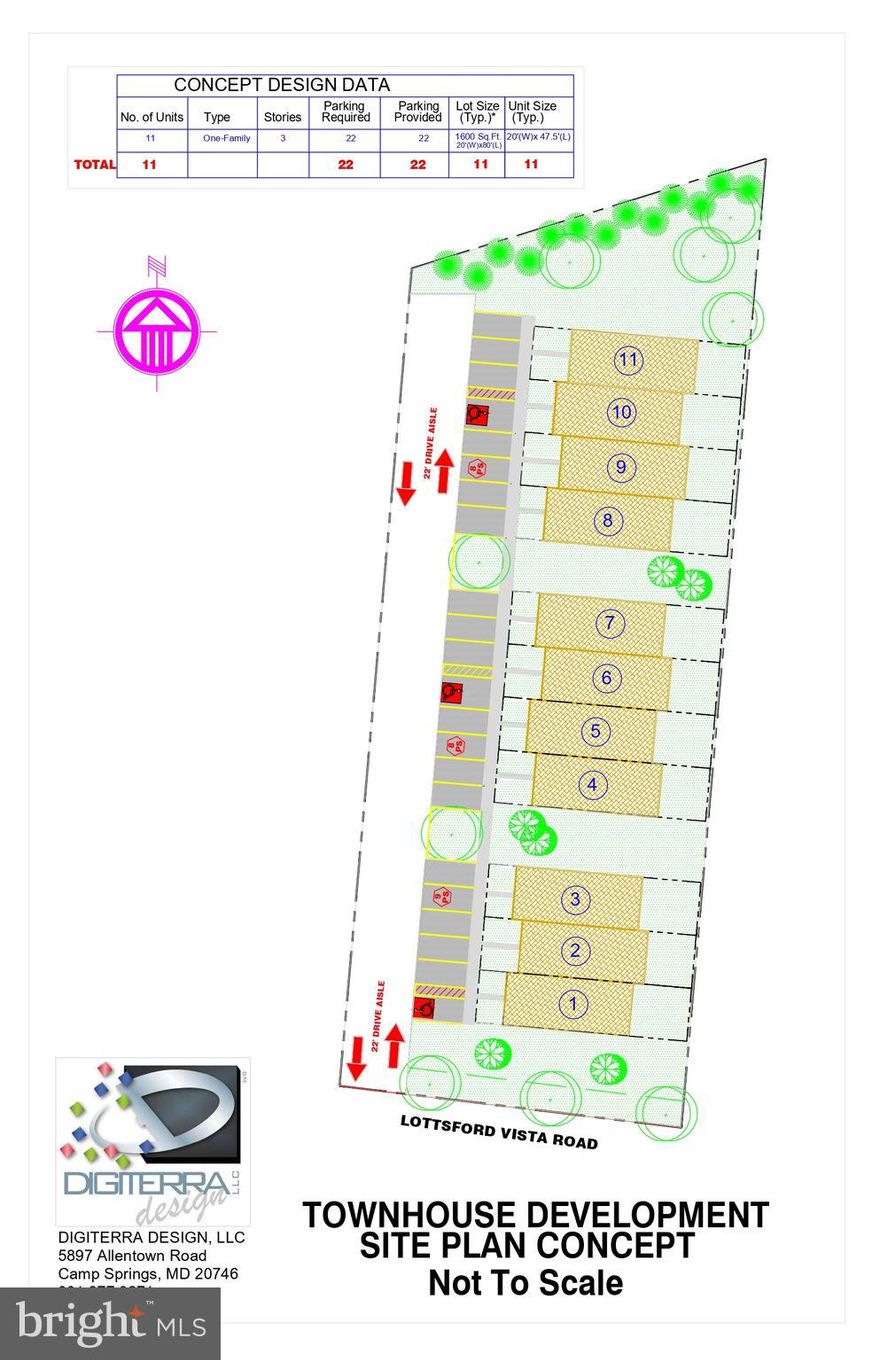 One Acre FLAT Lot zoned R-T (townhouses), Attached is Townhouse Development Site Plan Concept to build 11 Townhouses, Ideal Location on Lottsford Vista Dr ( nest to 4407 and behind Vista Garden Market Place shopping mall (home depot and more),  Public water and sewer hook up are available, Ideal for small builder