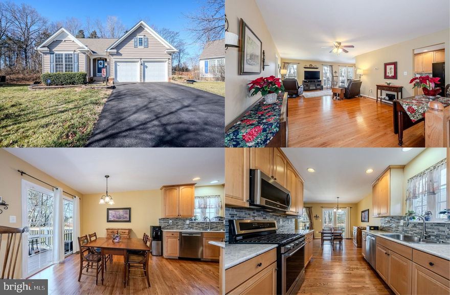 Tucked away on a quiet cul-de-sac in the desirable Homeplace at Pelhams community, this beautifully maintained main level living home offers comfort, space, and flexibility for all generations. With 3 bedrooms, 3 full baths, and over 2,800 finished square feet across two finished levels, this Beazer-built home is thoughtfully designed and move-in ready. Beautiful hardwood floors welcome you at the main entrance and flow seamlessly through the open-concept living and dining areas into the updated kitchen, featuring attractive cabinetry, updated quartz countertops and tile backsplash, and stainless-steel appliances—including a gas range. The primary suite is conveniently located on the main level and includes a walk-in closet and a private ensuite bath with an updated vanity and a beautifully tiled shower. Additional main-level bedrooms and nicely updated full bath offer ideal office or secondary bedroom space. Laundry and a pantry are located just off the kitchen with direct access to the two-car garage for everyday convenience. The finished lower level provides exceptional bonus space with a huge recreation room, walk-up access to the rear yard, a full bath, a large storage/utility room, and a bonus den/office or workout room—with potential for an additional bedroom. Step outside to enjoy the lovely deck off the dining area, leading down to a paver patio that backs to peaceful woods. Established landscaping and vegetable gardens create a serene outdoor retreat. Residents enjoy access to the community pool and center, and the location is hard to beat—just minutes from downtown Culpeper, shopping, dining, Powell Wellness Center, Lake Culpeper (Lake Powell), and Mountain Run Lake. A rare opportunity for comfortable, low-maintenance living in a sought-after community—this home truly has it all. A few photos have been virtually staged.