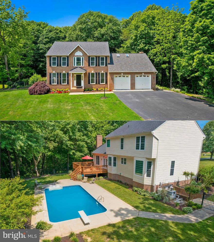 $75,000 PRICE IMPROVEMENT!   INCOMPARABLE VALUE FOR THE QUALITY & CONDITION OF THIS HOME!  VACATION AT HOME in RESORT STYLE LIVING! Approximately 4200 s.f. (including the lower level).   So many people are now choosing to work and/or study at home.  One owner thoughtfully designed and CUSTOM BUILT this wonderful property.  Move away from snarly traffic jams & crowds to the lush, peaceful environs of Port Tobacco, MD (near Waldorf & La Plata).  Or keep this as a WEEKEND HOME to regroup for the week ahead.  Your new home sits back gracefully off of a quiet CUL DE SAC on a 2.6 ACRE LOT.  The SHOW-STOPPING BACK YARD is a private, SERENE RETREAT that backs to 300 ACRES OF WOODS!  This “mini-resort” will help you maintain your health & be the location of some of the best parties you ever host!  The large, electrified SHED has plenty of space to protect all of your outdoor “stuff!”  Refresh yourself in the IN-GROUND POOL!  The price of installing a pool has sky-rocketed.  In many areas there is a 1 year waiting list to have a pool installed.  You’ll enjoy  your pool this summer!  Large DECK!  Roast marshmallows for S’mores in your OUTDOOR STONE FIREPLACE.  Move the furniture off & transform the SLATE PATIO in to a dance floor.  Take a walk on the PRIVATE PATH that borders the property.   Back yard is FULLY FENCED (with 3 gates) and corrals family members who love to run .  There is an ELECTRONIC FENCE in the front yard & beyond the back fence.   The house is FABULOUS!  MOVE RIGHT IN!  Pride of ownership couldn’t be more evident.  Nearly $95,000 OF IMPROVEMENTS have been made this year.   The house is a stately, spacious BRICK FRONT COLONIAL with nearly 4300 sq. ft. of living space.  Enter the 2 STORY FOYER.  The elegant CHANDELIER LOWERS ELECTRONICALLY for maintenance.   WOOD FLOORS are the foundation of the main level.  They have just been beautifully REFINISHED.  FRENCH DOORS lead to the OFFICE that has a view of the front of the property.  The main level is also home to the living room and formal dining room, eat-in kitchen, family room, laundry room and half bath. The living room and dining room flow together & are framed with CROWN MOLDING & chair rail.  The formal dining room offers a beautiful view of the pool from its large BAY WINDOW.  The heart of the main level is the “GREAT ROOM” made up of the kitchen, breakfast nook and family room.  This is where GATHERINGS happen!  The kitchen is well-equipped with GRANITE COUNTERS, an ISLAND with PENDANT LIGHTS, brand new STAINLESS TEEL APPLIANCES,  a PANTRY and a large BREAKFAST NOOK.  Just beyond is the warm and comfortable family room with its WOOD-PELLET STOVE , NEW WOOD FLOOR  and FRENCH DOOR leading to the deck.  The laundry room jointly serves as a mud area & is conveniently located just off of both the family room and the garage.    The upper level hosts the Primary Suite, 2 additional bedrooms & a second full bathroom.  The Primary Suite includes the Primary Bedroom, a large SITTING AREA with SKYLIGHTS & a WALK-IN CLOSET.  The in-suite PRIMARY BATHROOM has just been fully renovated with new EVERYTHING including a DOUBLE SINK VANITY with QUARTZ counter, stylish mirrors & light fixtures, FREE-STANDING TUB, large GLASS-ENCLOSED SHOWER, TILE FLOOR & PLANTATION SHUTTERS.  The 2ND FULL BATHROOM in the hall was also just FULLY RENOVATED!   The lower level has what everyone needs – a recreation room/THEATER AREA, WET BAR, INLAW/AU PAIR/GUEST SUITE, DUAL ENTRY FULL BATHROOM & a HUGE STORAGE ROOM.  VERY RECENT IMPROVEMENTS  include…Professionally painted...Stained the deck…Stainless steel appliances…Refinished hardwood floors…Wood floor...Recessed lights…Luxury vinyl plank flooring...Garage door openers ...Roof & Pool Liner (2018)...Pool Pump (2019).  This is a unique and special home.  It’s literally the total package! We look forward to your visit!