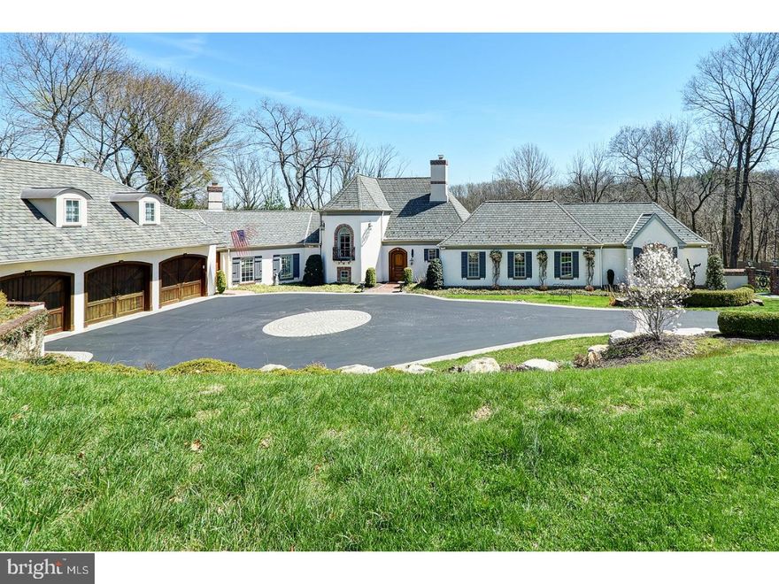 Charming French Country Chateau on 1.55 acres sits on a peaceful private lane close to the historic Village of Gladwyne. With meticulous attention to detail, this enchanting home has been seamlessly expanded. Gourmet custom kitchen, complete with granite counter tops and top-of-the-line appliances, opens to Family Room with brick surround fireplace & cherry built-ins. Elegant Dining Room. Gracious, sun-drenched Living Room with large windows and outside exit to patio. Exquisite main floor Master Bedroom suite with architectural beams, 3 sitting areas, fireplace, balcony & gorgeous millwork. 3 more bedrooms include a large Guest Suite and a bedroom with lovely cottage scene mural & loft with separate staircase. Beautiful hardwood floors throughout. Soaring ceilings. Over-sized 3-car garage with custom carriage doors.  Home is in pristine, move-in condition with many wonderful features including some of the most magnificent views Gladwyne has to offer. 15-20 min to Center City. Beautiful private grounds with pool.