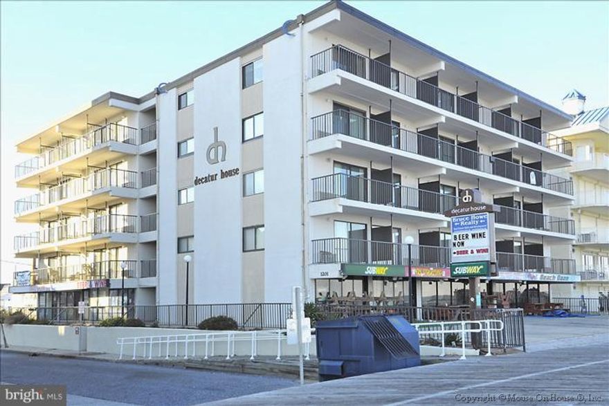 WOW! END UNIT 1 bedroom DIRECT OCEANFRONT located on the 4th floor of Decatur House, a low rise masonry building. Large Balcony overlooks the grand Ocean City Boardwalk with unobstructed Panoramic  views of the wide Sandy Beach and Atlantic Ocean. To the south there is a full view of the Boardwalk, Pier and the beach where the original Fireworks show for Ocean City started and still runs today. Close to all the attractions of downtown, true Ocean City classic at it's best. Stroll down the boardwalk or take the train to Thrashers, rides and all the fun that downtown Ocean City provides.  Nicely furnished, Indoor pool and low condo fees. Fantastic pricepoint. Will not last