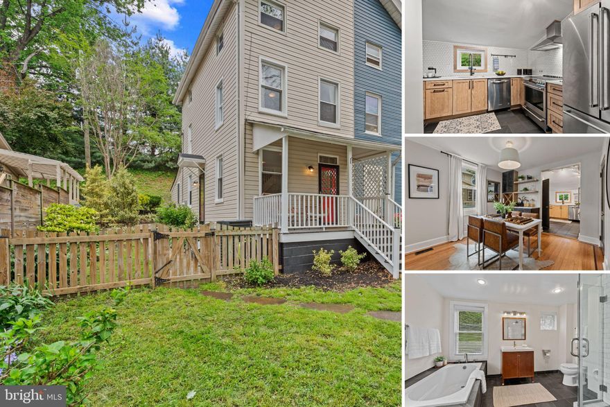 Offer Deadline: Sunday, May 11th at 3pm. This charming home has been polished to perfection and is ready to welcome you! Experience the ideal blend of comfort, warmth and convenience in a home that's been thoughtfully updated and lovingly maintained. Discover this hidden gem on a secluded, dead-end street, overlooking the historic Mill in Hampden. Step into the professionally terraced garden featuring mature landscaping and a 25' long by 28" tall attractive retaining wall with a filtration drainage system. This is a true “Secret Garden” environment, perfect for your morning coffee or hosting al fresco dinners. The entire yard is fully fenced with a privacy wall, ensuring peace and seclusion. Step through the front door under a transom window, a nod to the history of the home, onto gleaming light hardwood floors, featuring a striking dark inlay around the perimeter of the floors in the living and dining rooms. Freshly painted in neutral tones, the space is brightened by large windows. Enjoy modern built-ins in the dining room that include a dry bar and a wine rack. The high-end kitchen, renovated in 2021, is a chef's dream with stainless steel appliances, a full stainless steel hood over the cooktop, quartz countertops, custom pull-out drawers, a designer backsplash, sleek open shelving, and a slate tile floor. The space is perfect for cooking and entertaining! There is also an updated half-bath on this level. Ascend the central staircase to the second floor, featuring a spacious primary bedroom with hardwood floors, a charming painted exposed brick wall, and several large windows providing abundant natural light. The full bathroom boasts slate tile and glass shower added in 2017, a large soaking tub, and updated fixtures. On the third floor, enjoy two versatile spaces with neutral carpeting perfect for bedrooms, a home office, a workout space, a craft room, or a cozy reading nook. The basement has a roomy laundry area with a washer, dryer, utility sink, water heater, and furnace. In 2023, a Goodman HVAC/heat pump was installed.  There is also an unfinished area perfect for storage. The basement also contains a Bilco door with access to the outside. From the living room, step onto your Trex deck. This is the perfect place to read, enjoy a cold beverage and relax in your private oasis. This home is situated in a Baltimore neighborhood that is home to some of the best restaurants and shops the city has to offer, most of which are within walking distance. It is convenient to downtown Baltimore with easy access to several forms of public transportation. Don't miss your chance to make it yours!