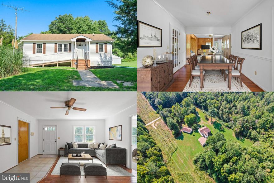 Private, Country living on 5.25 ACRES!!!  Cozy 2 level rambler sitting on over 5 secluded acres with a detached 4 car garage providing heat and air plus an oversized 2+  car garage with its own electric.  The outbuildings offer great opportunities for workshops, car enthusiasts and small businesses!  The main level features gleaming hardwood floors for the living and dining rooms along with a large light filled Family room with tons of windows and separate entrance to enjoy the surrounding nature views and walkout to a screened porch.  The main level offers 2 bedrooms with 2 attached baths, kitchen with table space and laundry room/mud room.  The lower level has 3rd bedroom, bonus room that can be converted to a 4th bedroom and walkout to patio covered by the screened in porch.  Less than 15 minutes to Montross and short commute to Dahlgren. Accepting backup offers