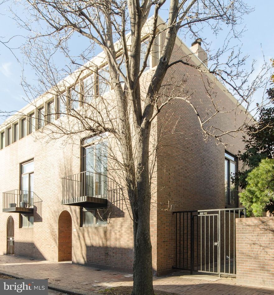 Rarely offered I.M.Pei corner home from the Original Townhouses near the Delaware River Parks, the Society Hill Towers and the grounds and gardens surrounding this very special location. This home is the end of the row and includes all three floors of East facing windows in addition to Northern and Southern exposures. This provides 3 sides of light and air that are not available in the standard floor plans. The dramatic wide central stair is iconic to these homes and with the skylight on top and the stair open on four levels, light streams in all day. The first floor offers a spacious foyer with a coat closet, powder room, a sitting room in front and a pretty dining room with a wall of North Facing doors and windows to the private landscaped patio and door to secure Deeded Parking space. The terrific kitchen has copious counter space, newer appliances, a tile floor and custom lighting. The second level features a living room with ceiling height book shelves, a dramatic brick wood-burning fireplace, tall glass doors to a South Facing small deck/balcony in addition to the tall windows facing East with morning light. There is a full bath on this level and these homeowners use the quiet North facing room as their Master Bedroom. Wood floors and high ceilings are consistent through out. The third floor offers 3 bedrooms. The Larger Bedroom has an ensuite bath and a wall of closets. The two additional bedrooms share the hall bath and the skylight over the central stair lights the hall. The basement holds the mechanical systems, a storage room, a laundry area, a full bath and a room that this homeowner uses as an office. There are windows in this office and the room can easily serve as a guest suite or a nanny suite. This is a very special Society Hill location with little foot and car traffic, plenty of sun and sky, perfect  for a family or empty nester seeking space for entertaining and visitors, close to restaurants including Zahav, Ritz movie theaters, Old City, Independence Square Park and 3 Bears Park. This home is in the George A McCall Elementary School, Grades K-8.