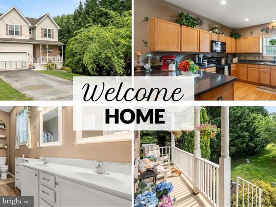 Inviting 4 bedroom 2 full bath  Colonial home with a covered front porch, perfect for relaxing! Located on a no-thru street, this home features a main floor primary suite with a walk-in closet and full bath, plus three additional bedrooms and a full bath upstairs. The cozy living room offers a fireplace (sold as-is) and a cathedral ceiling. Enjoy a spacious kitchen with a separate dining area and main-level laundry. The walk-out basement is unfinished and ready for your personal touch. Additional highlights include an oversized garage and a rear deck for outdoor enjoyment. Conveniently located near I-81 and just minutes from the hospital.