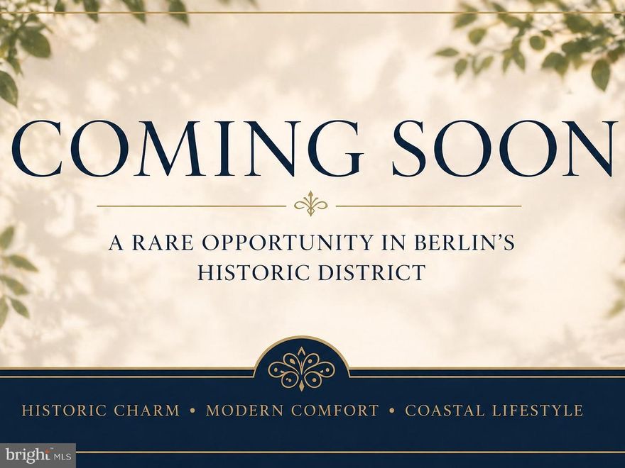 Welcome to the historic Sheriff Purnell House, a truly unique and beautifully restored residence circa 1915, set on 4 private acres in the heart of Berlin’s Historic District.

Rich in character and thoughtfully updated, the main home showcases timeless architectural details, including restored woodwork, an elegant English fireplace, and refined finishes that honor its original design while offering modern comfort and livability.

The property extends well beyond the main residence. The reimagined and  restored barn provides additional flexibility, complete with a kitchen and full bath, along with an upper-level area that can function as a guest suite, office, or additional bedroom.

Behind the barn, a separate carriage house offers a versatile space, currently used for storing farm equipment and featuring a dedicated creative space ideal for an art studio, workshop, or hobby room.

The outdoor setting is equally compelling, featuring a tranquil rear patio surrounded by lush greenery and an expansive backyard—perfect for relaxing, entertaining, or creating a true family retreat.

Set across four expansive acres, the grounds offer exceptional privacy, mature landscaping, and a true estate presence—rare for this location—while remaining just 15 minutes from the beaches of Ocean City and Assateague Island. Ideally positioned for families, the property is also near Worcester Preparatory School, a highly regarded independent school, offering added convenience for those prioritizing education and long-term lifestyle planning.

A seamless blend of historic charm, modern functionality, and coastal lifestyle, this is a rare opportunity to own one of Berlin’s most distinctive properties—well suited as a primary residence, refined second home, or private retreat. Schedule your private showing today!