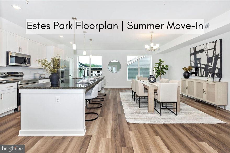 Summer Move-In Opportunity – The Stylish Estes Park Condo with Topanga Design Package.  Step into effortless style and modern comfort with the Estes Park, a beautifully crafted two-level condo offering 3 bedrooms, 2.5 baths, and thoughtfully designed living spaces. Enjoy the convenience of entering through your private front door or directly from your attached 1-car garage—all while living on the top two floors of the building. That means no neighbors above you and elevated views that bring in more natural light and a greater sense of privacy. The main living level is open and inviting, with a spacious family room, a tucked-away office nook, and a convenient powder room. At the heart of the home is the chef-inspired kitchen, featuring a dramatic 12-foot island perfect for casual meals or entertaining. Just off the family room, step out onto your private terrace, ideal for relaxing or catching a sunset.  Upstairs, the primary suite becomes your own sanctuary with a covered terrace for peaceful mornings or winding down in the evening. Two additional bedrooms, a full hall bath, and a laundry area round out this level, offering flexibility and convenience for modern living. This home is professionally curated with the Topanga design package, showcasing 7-inch wide luxury vinyl plank flooring, blue shaker cabinetry, white quartz countertops, and sleek, stylish finishes throughout.  Located just minutes from I-70, I-270, Rt 15, and downtown Frederick, you’ll have easy access to shopping, dining, hiking, and everything this vibrant area has to offer.