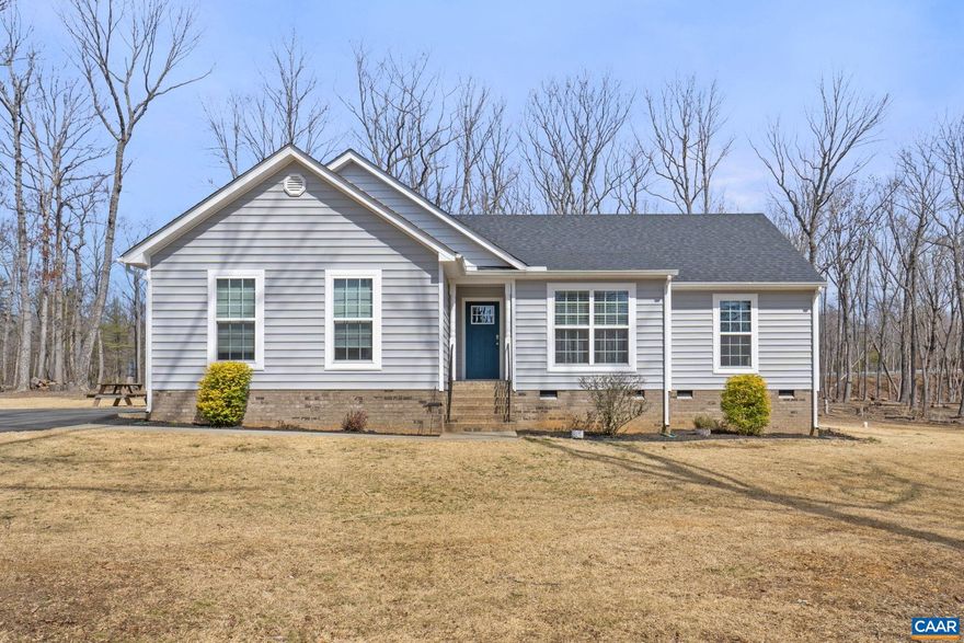 Beautiful 1 level home in Forest View Subdivision at Zion Crossroads.  Close to I-64, convenient to Richmond, Louisa, Goochland & Charlottesville.  3 Bedrooms, 2 bathrooms, Open concept with lots of windows! Upgraded Shake Siding, Wide window trim, Craftsman style front door, Dimensional roof, 10 x 16 rear deck, luxury vinyl plank flooring, granite counter-tops, large 2-acre lot, beautiful zoysia grass (starting to green), pull-down stairs for storage area, double vanity in primary bathroom.