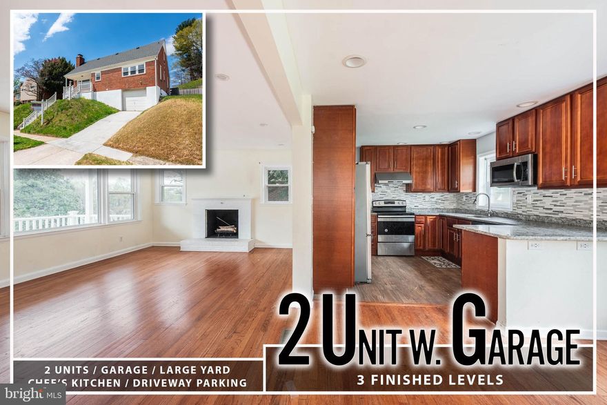 Welcome to this spacious and beautifully updated Cape Cod offering three fully finished levels of versatile living space! Step inside to rich hardwood flooring that flows throughout the main level, where you'll find a generous living room anchored by a cozy fireplace—perfect for relaxing evenings. The separate dining area is ideal for formal meals and entertaining, while the Chef’s kitchen impresses with granite countertops, stainless steel appliances, and ample cabinetry.  The main level features two well-sized bedrooms and a stylishly updated full bath. Upstairs, you’ll find three additional bedrooms and another full bath, offering flexibility for guest rooms, home offices, or playrooms. The fully finished basement doubles as a private in-law suite or potential rental unit, complete with its own full kitchen, spacious living area, bedroom, and full bath—an excellent opportunity to offset your mortgage or host long-term guests.  Enjoy outdoor living in the expansive backyard—perfect for gardening, entertaining, or relaxing under the sun. A one-car garage and additional driveway parking add convenience to this move-in ready home. Don’t miss this rare combination of space, updates, and income potential!