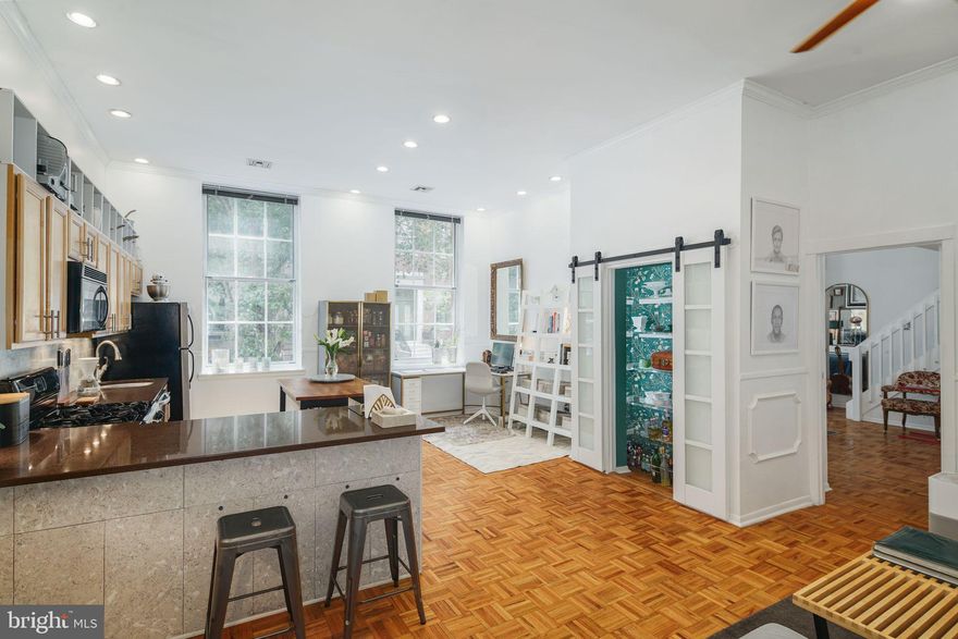 Fantastic rental condo on picturesque tree-lined Spruce Street in Washington Square West! Steps away from all things Center City, this one-bedroom condo with bonus loft is generously sized and features hardwood floors throughout, towering ceilings, and four large windows that flood the unit with tree-filtered light and offer a beautiful streetscape scene for everyday living on Spruce Street. The living room and kitchen are well-proportioned, allowing for a large dining area or additional office space, and the spacious bedroom includes a massive armoire, a walk-in closet with newer washer and dryer, storage closet, and a bonus loft currently used as a nursery but previously used as a TV room and office space. A gated common outdoor courtyard is in the rear and accessible for all residents.