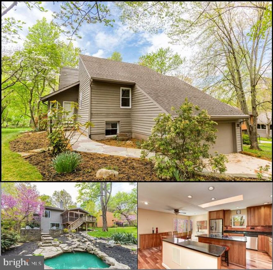 Presenting a contemporary beauty in the sought after neighborhood of Kings Contrivance.  This pristinely maintained home boasts upgrades galore with a completely remodeled kitchen, ¾ inch cherry wood floors on the upper levels, a master bedroom with two remodeled bathrooms, and an upstairs and downstairs washer/dryer.  A 12 X 16 screened-in wood/Trex porch with vaulted ceiling, fan, privacy foliage and extra-large skylights overlooks a stone, two-tiered walled patio and Koi pond with 120 VAC power source. This is easy living!!! An extensive stone entrance walkway leads to the sun-drenched foyer and living room with vaulted ceilings, a fireplace and sliding double door porch/deck access. The upper level has a spacious eat-in kitchen and dining area with granite counters, stainless steel appliances, glass red brick backsplash and custom wood cabinets with generous storage and a stunning view of the patio. The upper level also features the master bedroom and luxury bath, an additional full bath, washer/dryer and an additional bedroom. The newly carpeted lower level is bright and spacious with a large recreation room with built-in storage, two bedrooms, remodeled bath, large storage room with washer/dryer, utility sink, additional refrigerator/freezer and access to oversized 2 car garage.  Home is on the edge of cul-de-sac in mature, quiet neighborhood with numerous walking trails and playgrounds and only a 3 minutes to the Patuxent Branch Trail that meanders miles along the Little Patuxent River.  Easy and convenient access to Ft. Meade, Baltimore and DC.