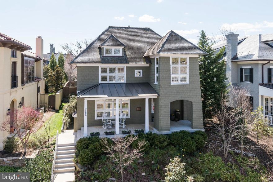 A stunning surprise! Dynamic, open floor plan perfect for easy living and entertaining. Dramatic vaulted 2-story great room at the center of the surrounding living spaces. Multiple sets of French doors open to serene garden + lovely pool. 2-story pool house. Cathedral views! 3BR/3BA on 2nd lvl + 2BR, kit + large living area in LL. Backs to Rosedale; private tennis. Parking for 2+cars in rear.