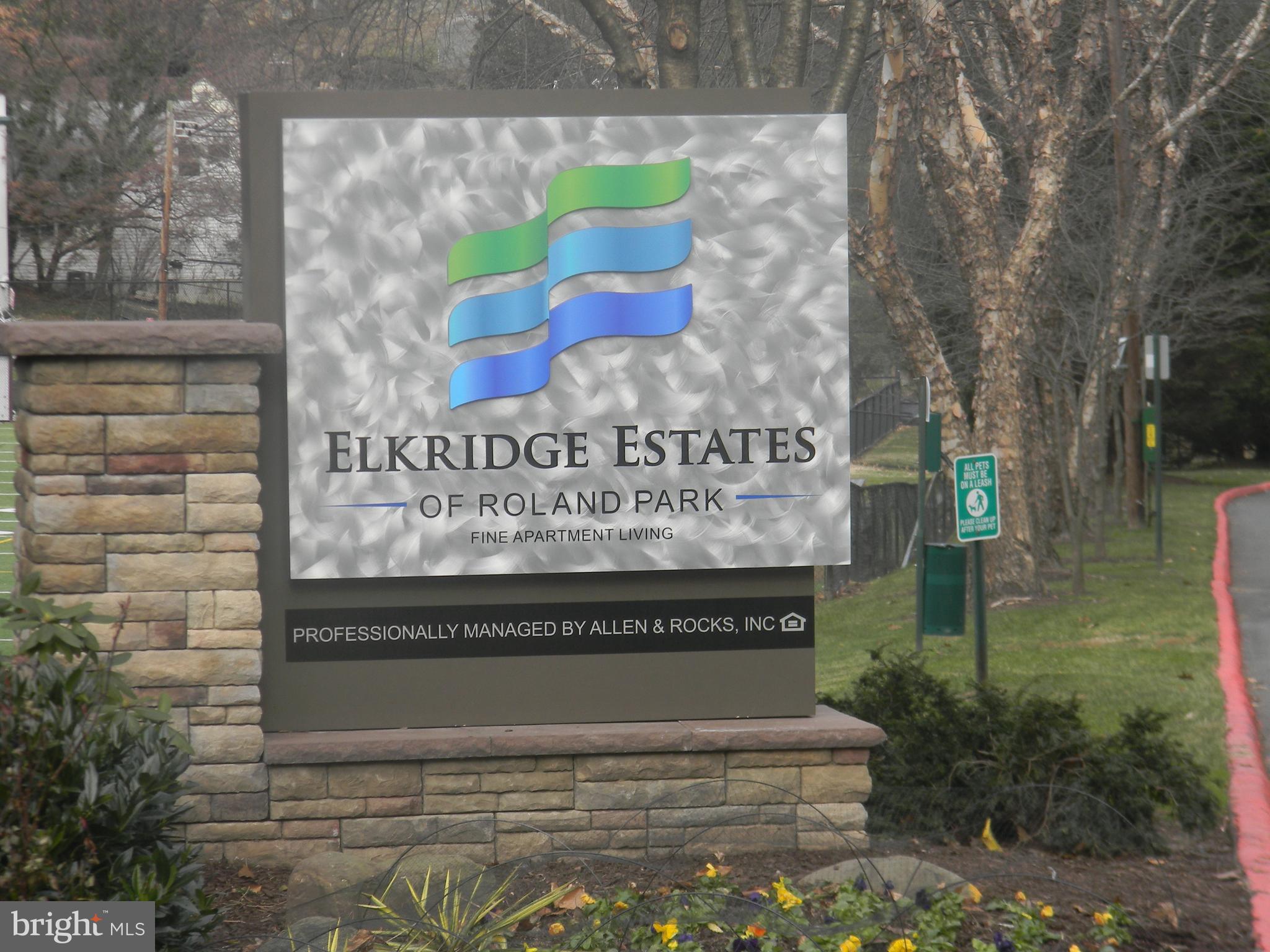 Roland Park's Best Kept Secret! ELKRIDGE ESTATES ,an award winning garden style community, offers this apt , Cherry Cabinets,w/floor to ceiling windows, over sized balcony, 24 hr security gate w/onsite guard, fitness center, Olympic size pool, fully equipped club house, park and picnic area w/screened gazebo & Koi pond, putting green, and car care area! Look no further!! Washer/ Dryer in unit, 21 steps up ***prices subject to change