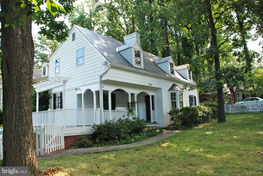 Pretty Cape Cod with addition faces in great Bradley Hills location, minutes to downtown Bethesda. Whitman School District! Lot is .19-acres and is set back from Wilson Lane and driveway faces Radnor. Charming Living Room, paneled Library, sep Dining Room.  3 generous bedrooms on upper level. Finished walkout basement. Front porch. Patio. 1-car garage. Neighborhood of $1 Million+plus values!