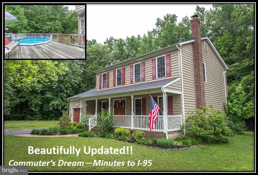 Attention to Detail...  North Stafford Colonial on Quiet Street 3 minutes to I-95/Commuter Lots.  So much to offer...  Newer windows and Roof.  Updated Kitchen w/Granite, Stainless Appliances, Ceramic flooring; Sunny breakfast room w/bay window opens up to 2-tiered deck and pool overlooking private backyard w/shed and play set. Updated Bathrooms.  Enjoy relaxing by the private backyard creek.