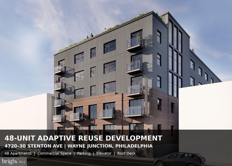 Adaptive Reuse Development Opportunity 48 Apartments| 4720–30 Stenton Ave | Wayne Junction, Philadelphia

Positioned in the emerging Wayne Junction / Germantown Avenue corridor, this offering presents a compelling opportunity to acquire a ±16,000 SF industrial/warehouse asset (circa 1920) situated on approximately 0.33 acres, with zoning approvals in process for a thoughtfully designed 48-unit multifamily development with ground-floor commercial space.

The proposed redevelopment program includes a mix of studio, one-bedroom, and two-bedroom residences, complemented by off-street parking, elevator access, and a roof deck amenity—aligning with current market demand for well-located, transit-oriented housing.

The property benefits from its proximity to the ongoing revitalization along Germantown Avenue and the broader Wayne Junction district, where significant public and private investment continues to enhance long-term fundamentals. Immediate access to regional rail, SEPTA transit lines, and major thoroughfares further strengthens the site’s appeal.

This is a rare opportunity to secure a scale-appropriate adaptive reuse project with approvals underway, offering a clear path toward execution in one of Philadelphia’s evolving submarkets.