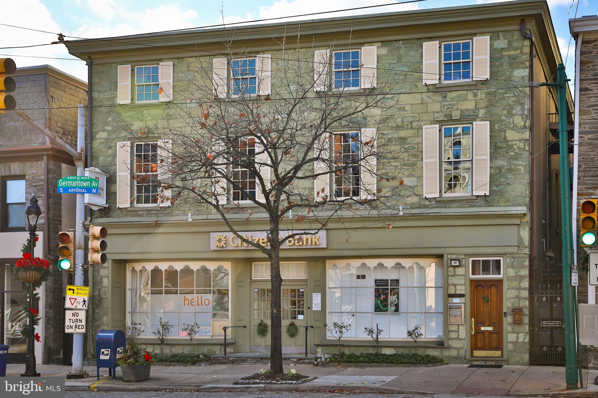 This unique opportunity isn't offered often. In fact, it has only had 2 owners in 70 years since known as "The Huston Dry Goods Emporium." This is your chance to own a piece of Chestnut Hill History in THE premier "Top of the Hill" location! Positioned prominently in the Chestnut Hill Business District at the intersection of Germantown Avenue & Bethlehem Pike gives it the highest exposure. This unique, multi use building of over 9,300 Sq Ft, (circa 1860), offers 4 apartments (3-2 BR, 1 -1 BR) a large store front retail space, and two generous sized offices (+/- 1182 SqFt ea) with private entrances in the rear annex building. (added 1922) According to historical records, its' green serpentine stone facade with stone sills and wood cornices, is shared by only one other building on Philadelphia. Adding to its' convenient accessibility, it sets atop the Chestnut Hill West Regional Rail line leading directly to Center City and 30th street. Chestnut Hill is rich with a diverse offering of restaurants, local businesses, and homes ranging from cottages to mansions! Chestnut Hill was featured as one of the charming residential neighborhoods on Good Morning America's "Main Street USA" series! All units are currently leased with staggered expirations. Since current owner has historically kept lease rates low, the income is well below market value and even well below a conservative income projection! The location is vibrant with a blend of modern amenities and historic gems, with added appeal for its' walkability to the beautifully expanding Woodmere Art Museum, The Morris Arboretum & Gardens, the splendid Wissahickon Valley Park, Chestnut Hill Hospital and Chestnut Hill College. This commercial corridor location allows open ended possibilities for significant increased profitability. See attached statement sheet with lease and utility information. As leases expire, this will allow a variety of alternate options for each unit. It is your time to approach this creatively and plant roots in this growing community. Showings must be set through listing agent and bank can be shown only during banking hours. Dimensions and taxes are based on city records and may not be accurate. These should be verified by buyer.
