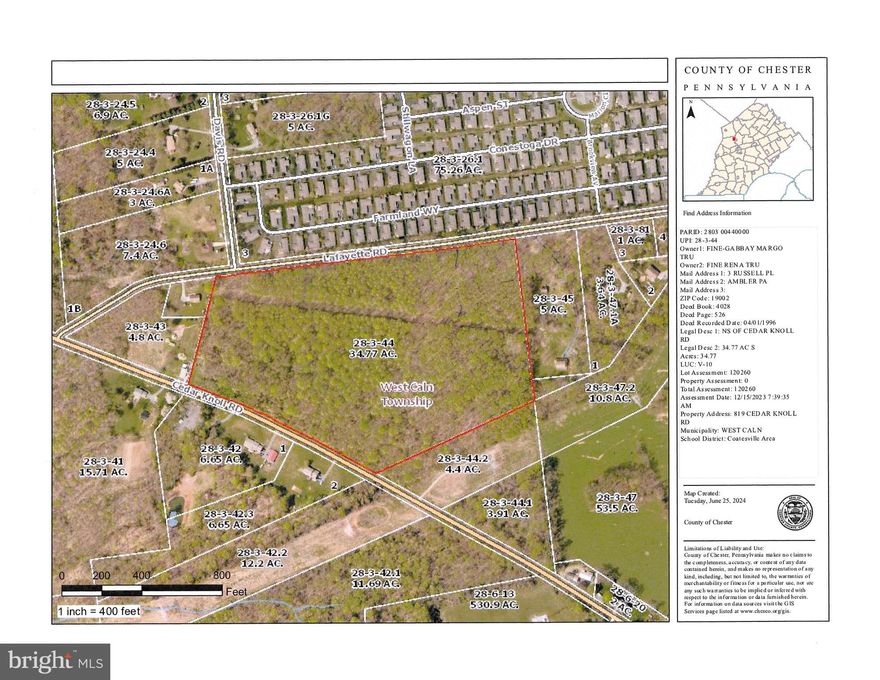 Potential residential subdivision. Three (3) vacant land parcels totaling 50+/- acres located in West Caln Township, Chester County, PA.  are being offered as a package. Attention all builders, land developers and investors. Seller may consider an Agreement of Sale contingent on subdivision approval (at Buyer's expense). Properties are located in proximity to Hibernia County Park. Hibernia County Park consists of over 900 acres of trails, woodlands, meadows, open fields, play areas, pavilions and picnic areas. Popular fishing sites include the Brandywine Creek’s west branch, Birch Run. Chambers Lake is a wonderful location for boating and fishing. The attached progress print is a concept sketch plan prepared by Regester Associates, Inc. dated November 24, 2024. To date, no subdivision plan has been proposed and/or submitted to West Caln Township for review and/or potential approval. This concept sketch plan is based on the West Caln Township Site Responsive Residential (SRR) District which permits smaller lots (smaller than 4 acres), provided, 60% of the acreage is designated as open space. Please see the attached West Caln Township zoning map and Article V, SRR – Site Responsive Residential District information. No due diligence has been performed by the Seller and/or their representatives relating to the availability of public water, public sewer and/or on-site septic or well water. The Sellers, Brokers and Agents make no representations as any potential/future subdivision and/or their related approvals for the properties by any governmental authorities; and/or the potential lot yield which may or may not be obtained through a proposed subdivision approval process. All information provided herein and other documents referenced as attachments are subject to errors and omissions. Please verify the accuracy of all data with the county, municipality and/or any other applicable governmental authority.