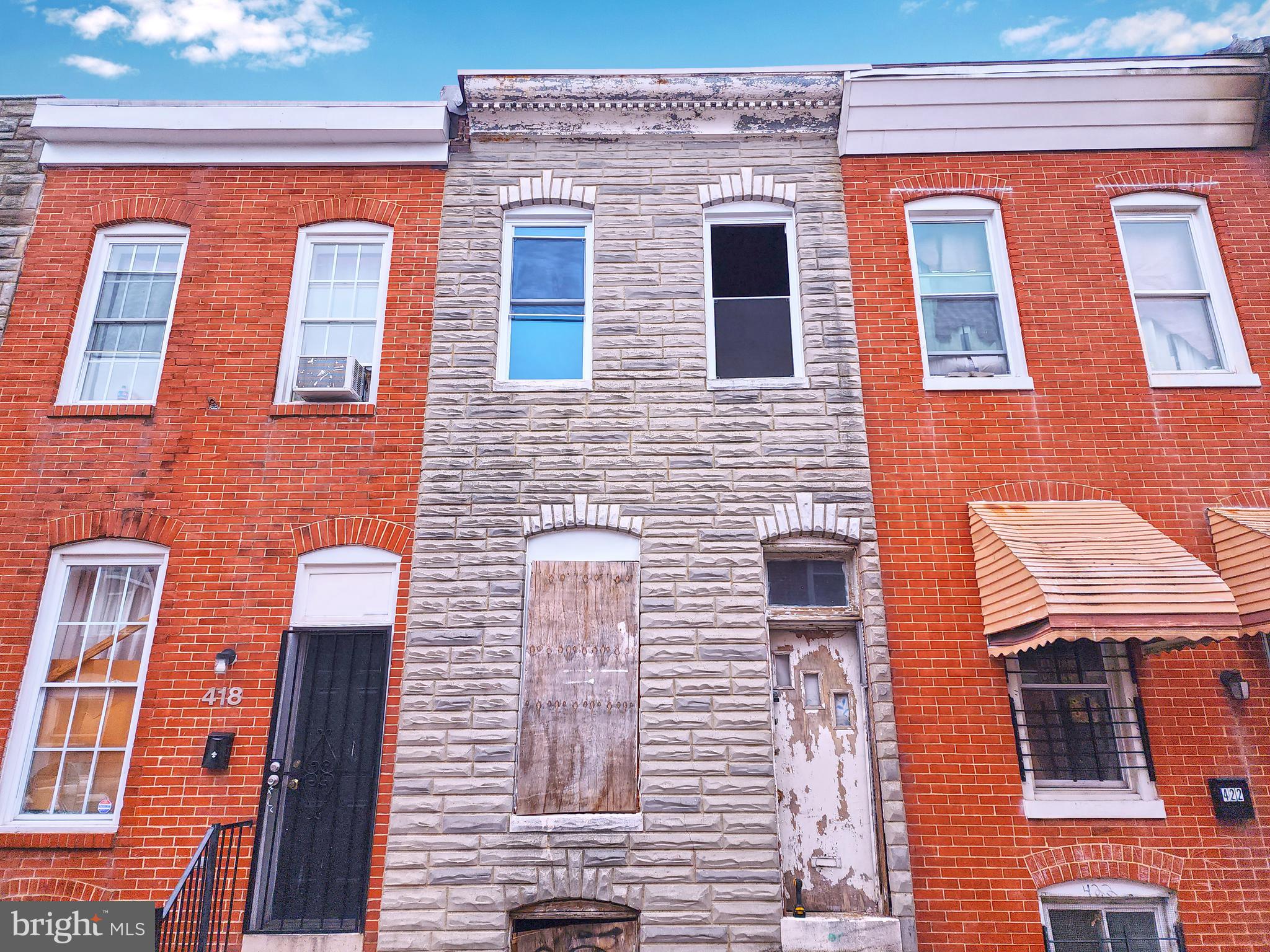 POST AUCTION: MAKE AN OFFER! 2 Story Townhouse located in the McElderry Park area. MINUTES to John Hopkins Hospital, Patterson Park, Northeast Market, & John Hopkins Metro. Easy Access to Major Traffic Artery Orleans St. Property is Vacant. Deposit: $5,000.