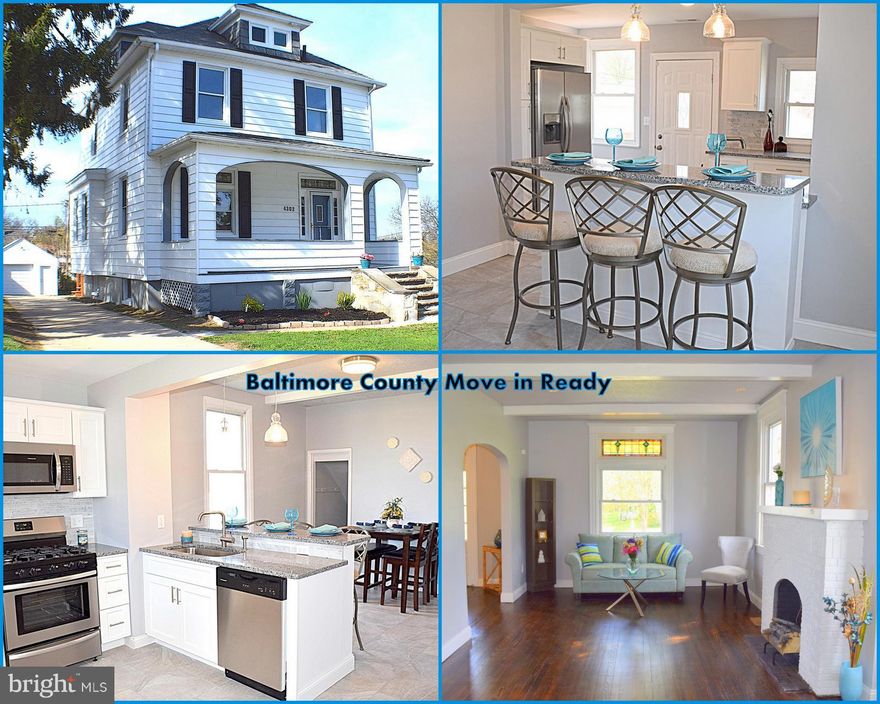 Beautifully Restored Home on Quiet Street in Baltimore County. Large Kitchen w/Center Island, Shaker Cabinets, Granite, Marble Back splash & Stainless Appliances. Updated Baths on all 3 Floors Including Master Bedroom Suite w/Walk-in-Closet. Over sized Lot, w/Huge Driveway, Large Porch, Deck & Garage, Walking Distance to the Park. Refinished Hardwoods, New HVAC, Finished Walkout Basement & More!!