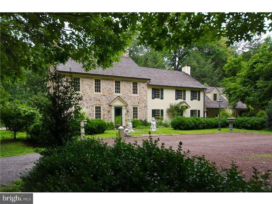 One of the largest and most unique estates on the Delaware River, this property has over 28 glorious acres w/approx, 1280' of riverfront.  Built in the 1950's, the house has the architectural design & detailing of an 18th century PA stone manor home with fine millwork, wood floors, deep sills and river views from every room.  Newer additions include a gracious living rm. and master suite, sun rm. w/radiant heated tile floor, custom tile wall friezes & french doors to the brick patios & gardens, plus a spacious library with Australian Lacewood cabinetry.  For the equestrian, there is a state of the art 6 stall barn and fenced pastures.  A newly added 3 bdrm. caretakers apartment, 3 car garage and pool house/guest suite affords comfort for any lifestyle.  The grounds are landscaped with hundreds of specimen trees & shrubs offering a riot of color in the spring, summer and fall. This premier riverfront property is located just north of the historic village of New Hope & is within an easy commute to NY and Philadelphia.  Conservation Easement in place.