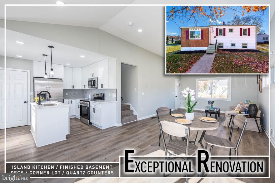 Beautifully renovated split-level home situated on a spacious corner lot, offering a bright open layout and modern updates throughout. The main level features an inviting open floor plan with abundant natural light, wood flooring, and a seamless flow between the living room, dining area, and kitchen. The gourmet island kitchen is designed for both functionality and style, complete with Quartz countertops, stainless steel appliances, ample cabinetry, and a large center island that provides additional prep space.  The upper level includes three well-sized bedrooms and a remodeled full bath with contemporary finishes. The fully finished lower level provides valuable additional living space, featuring a generous family room suitable for a variety of uses, a 4th bedroom, a second full bath, and a large laundry and storage room for added convenience.  Outdoor living is enhanced by a rear deck overlooking a wide, open backyard, offering plenty of space for recreation, gardening, or future outdoor projects. A storage shed and an extended driveway with multiple parking spaces complete the property. Renovated with comfort and practical living in mind, this home is move-in ready and thoughtfully updated.