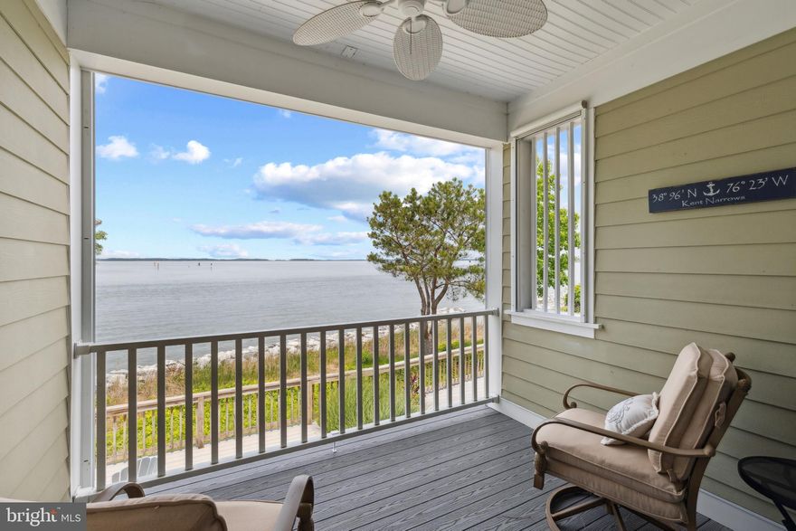 INCREDIBLE PANORAMIC WATER FRONT VIEWS of the Chester River and The Narrows Waterway from this beautiful 3000 sq ft End Unit Town Home on the Pointe!  Imagine sitting on your huge open deck watching the boats go through the channel on their way to the Chesapeake Bay!  It's a laid back lifestyle you can get very used to.  This Town Home was built for water front living.  The floor to ceiling windows allow you to see the water from everywhere!  It is also great for entertaining with the open floor plan and easy flow.  Gleaming hardwood floors, light Wood-Mode cabinets w/ granite countertops and a huge island to sit around and chat!  Each bedroom has its own private En-Suite bath and WATER VIEWS!  Your Primary Bedroom looks out over the open Chester River & has a private deck you can sit out & have your morning coffee!  You have another covered deck off the dining room and both of those have remote controlled screens.  There is an office as well as an extra bonus room,  You also have a 2 car garage.  Narrows Pointe backs up to Safe Harbor Marina that has over 600 slips, a pool, and a fitness center!  It is also around the block from many dockside restaurants and tiki bars plus a coffee & dessert shop!  Just a 5 min drive to Queenstown Golf Links and Outlet Shopping!  You are 20 min. to Annapolis and Easton, 50 min to Baltimore & BWI airport, 50 min to Washington DC, and 1 1/2 hours to the beach!  There is the Cross Island Trail that goes 36+ miles to get some hiking & biking in.  In other words,  it's the perfect location with so much to do!!  You'll be so happy you live here!