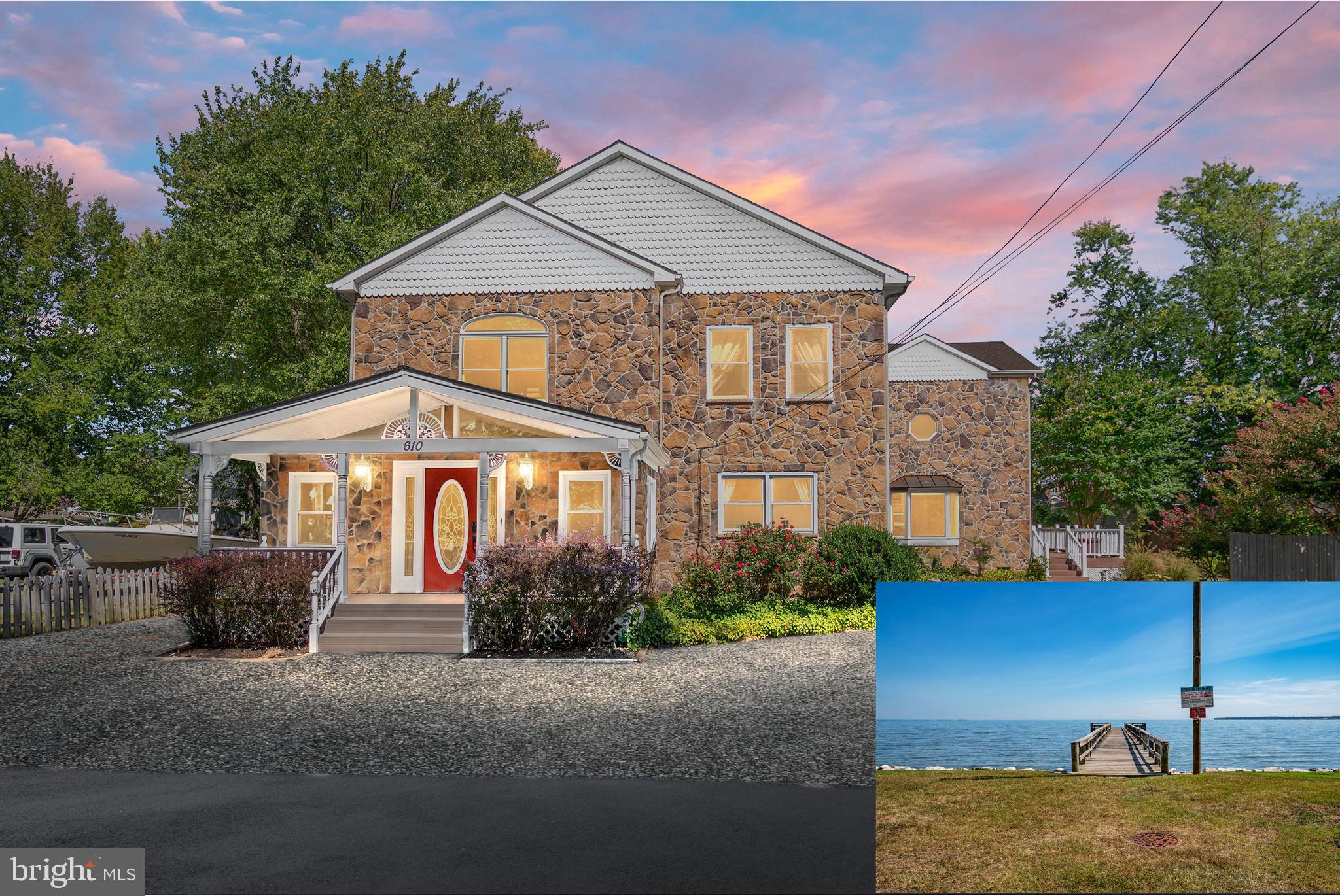 Another price improvement! Chesapeake Bay Water Access! Welcome to your very own oasis, steps from the water! This handsome custom-built home boasts old charm with modern touches you will love. Located in the water-access community of Owings Beach, fall in love with the soothing sounds of the Chesapeake Bay just a one minute walk away! Featuring a handsome stone facade, tranquil gardens and water views, an extra detached garage with so many possibilities, huge addition and so many more thoughtful details to appreciate. The kitchen is expansive with custom cabinetry, stainless steel appliances, breakfast bar and access to the large screened in porch. There are 2 generously sized bedrooms on the main level, each featuring hardwood flooring and large walk-in closets. Enjoy the stylishly remodeled main level bathroom with lovely marble tile and large glass walk-in shower. The main level also features a grand 2-story family room and formal dining area highlighted by an impressive floor-to-ceiling gas fireplace! The space is filled with natural light and views and of the landscaped yard and is perfect for entertaining and large gatherings! Up the stairs you will find a find a beautiful primary suite with hardwood flooring, a large walk in custom closet, dressing room and a luxurious primary bath with custom tile and huge walk-in glass shower. There are 2 additional bedrooms upstairs each featuring hardwood floors, a neutral palette and ample closet space. Outside, this home is enhanced by low maintenance composite decking and stone hardscaping throughout. The detached garage/ workshop currently has electric and plumbing is available. There are multiple possibilities for the garage to be additional living or storage space. The yard is beautifully landscaped with many features including a pond, patio walkways, a wisteria-covered arbor and a waterfall feature. Less than a block away is your very own community pier! Enjoy fishing, crabbing and even swimming so close by in Herring Bay. Launch your kayak from the pier, jump in for a swim or simply have a seat and admire the osprey come and go. Deale is known for it's access to the Chesapeake Bay and all it has to offer. The town is home to a number of marinas, fine restaurants and gathering places, various local businesses, a Library and so much more! If you are looking for a lifestyle filled with nature, peace and water, this home is calling.