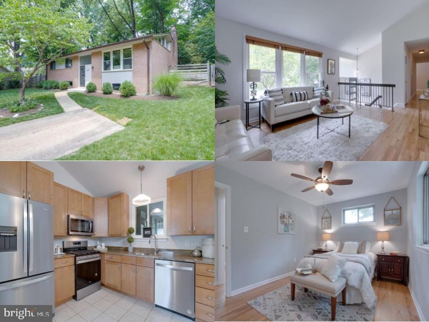 Set on a quiet cul-de-sac in the heart of Kings Park West, this updated split foyer home is move-in ready! Admire the charming, mid-century modern design of the new front door and accents throughout. Inside, the open layout of the living and dining rooms is perfect for entertaining, while the vaulted ceiling is accentuated by a ceiling-height window, letting in the natural light. The kitchen has been updated with new stainless steel appliances, and opened to the dining area to create a bar counter, offering additional seating. Step out to the spacious screen porch and enjoy the sounds of nature on these balmy summer evenings. The yard backs to trees, creating a private outdoor space. Back inside and down the hall you will find the serene primary bedroom with private ensuite bath and walk-in closet. Two spacious secondary bedrooms and an updated hall bath complete the upper level.
Downstairs you will find the expansive family room with wood-burning fireplace and plenty of room for the crew to hang out! The large fourth bedroom is great for guest space or home office, with a half bath nearby. The laundry and utility room offers storage space and room for a workbench, with a separate side entrance. 
Feeds to the desired Robinson Secondary School pyramid, and located moments to all the shopping, dining, and recreation Fairfax has to offer! Nearby Metro bus stop and easy access to commuter routes make the trek to the office a breeze. Don't miss this one!