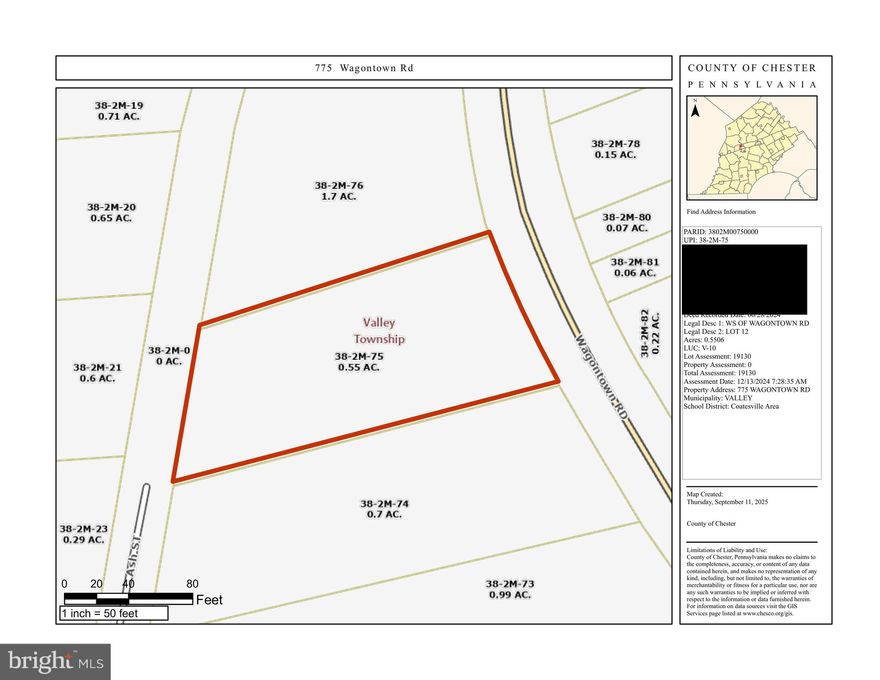 A 0.55-acre wooded parcel located in Valley Township, Coatesville (Chester County), legally described as Lot 12 along Wagontown Rd.  This lot offers an excellent opportunity for a builder or homeowner seeking a manageable parcel with flexibility for residential development. Its location within a growing area makes it a potential site for a custom home or future investment. 
 
Utilities & Infrastructure: 
-Public water service is available 
-Public sewer is available; a tap-in fee will be required to connect. Private sewer options may also be considered 
-Electric service is accessible in the vicinity 
 
Zoning & Land Use: 
-Zoning: R Residential 
-The property is designated as “Vacant Land” under county usage descriptions 
 
Lot Details & Tax Information: 
-Size: 0.55 acres ≈ 23,958 square feet 
-Assessed land value: $19,130 
-Annual property tax: approx. TBD — confirm with Chester County assessment office 
 
Building & Regulatory Notes: 
-Buyers should confirm all setback, coverage, subdivision, and building requirements with Valley Township and Coatesville municipal offices 
-Any development or subdivision will be subject to local requirements for site grading, stormwater management, driveway access, and compliance with public health regulations 
 
Additional Opportunity: 
A package deal may be considered that includes the following nearby parcels in addition to this property: 
* Parcel ID: 3802H00080000 — 717 Wagontown Rd (1.60 acres) 
* Parcel ID: 3802H00090000 — 721 Wagontown Rd (0.91 acres) 
 
**Note:** 
*Additional information available upon request. 
*All information provided is deemed reliable but not guaranteed. Buyer is responsible for conducting their own due diligence, including verification with local municipalities, utility providers, and regulatory authorities. Neither seller nor broker shall be held liable for errors, omissions, or changes in property status or requirements.