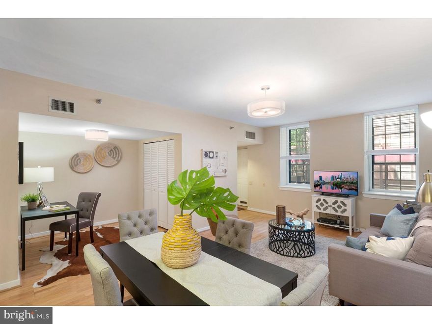 Incredible deal! Lowest priced 1 BR at Wireworks. 850 sq ft! Spacious, comfortable 1 BR condo at the popular Wireworks in Old City. Fantastic large layout includes foyer with closet, spacious living/dining room, office nook with additional storage. Kitchen with breakfast bar, large updated Jack & Jill bath w/separate vanities & laundry. Generous MBR has a massive walk in closet and plenty of room for a desk or reading nook. Great storage throughout, plus roomy additional storage unit and bike room in basement. Private 1st floor entrance via lovely landscaped courtyard-great for dog walks or anyone who needs to skip the stairs. Newer HVAC & water heater, fresh paint, and updates throughout make this a great value! Steps from shopping, dining, gyms, coffee, dry cleaners. Excellent transit & highway access, rental parking outside your door make this one an easy choice.