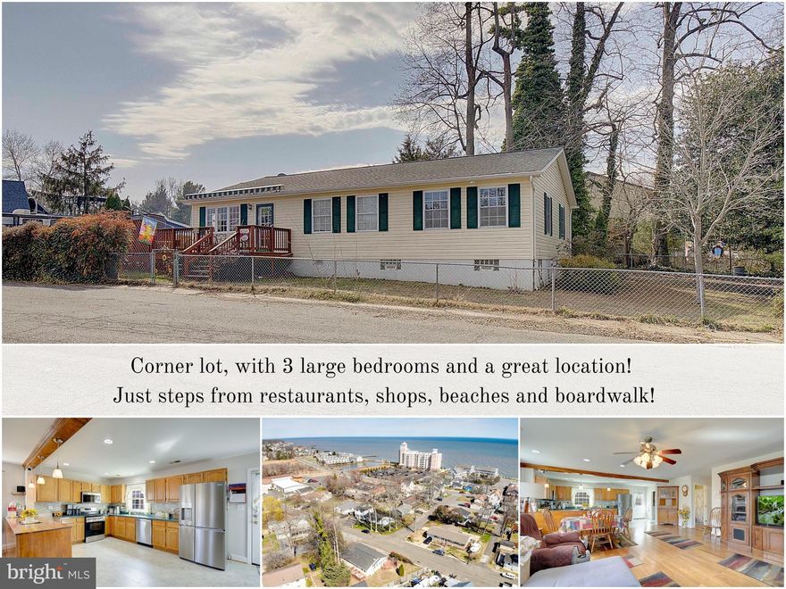 Prime One-Level Living in the Heart of Chesapeake Beach – Steps to Everything! Discover effortless coastal living in this charming 3-bedroom, 2-full-bathroom rambler perfectly positioned in desirable Chesapeake Beach. Enjoy true one-level convenience with no stairs to navigate and an open concept kitchen. This home sits on a desirable corner lot just steps from the vibrant heart of the Twin Beaches.  With easy access to the scenic boardwalk, beaches,  boutique shops, and an array of top-rated restaurants and cafes. You're literally moments away from dining at one of the area's finest spots, Baia Coastal Italian Kitchen & Wine Bar, renowned for its fresh seafood, house-made pasta, and stunning waterfront views. Inside, the open-concept layout seamlessly connects the spacious living room, dining area, and large kitchen—perfect for gatherings and everyday flow. Beautiful hardwood floors grace the common areas, adding warmth and timeless appeal. The kitchen is complete with Corian countertops, plenty of workspace, and brand-new stainless steel appliances. The entire home has been freshly painted throughout for a bright, move-in-ready feel. All three bedrooms are generously sized—a rare find in the Twin Beaches area—offering ample space for family, guests, or a home office. The level, easy-to-maintain yard is framed by a front deck and back deck, creating wonderful outdoor spaces (decks could use a little TLC to make them shine even brighter). Additional highlights include off-street parking for convenience and water views from the property, with exciting potential for enhanced bay vistas if a second story is ever added in the future. Live the Chesapeake Beach lifestyle—beach days, boardwalk strolls, fresh seafood dinners, and sunset views—all right at your doorstep. Don't miss this rare opportunity for single-level coastal charm in an unbeatable location!