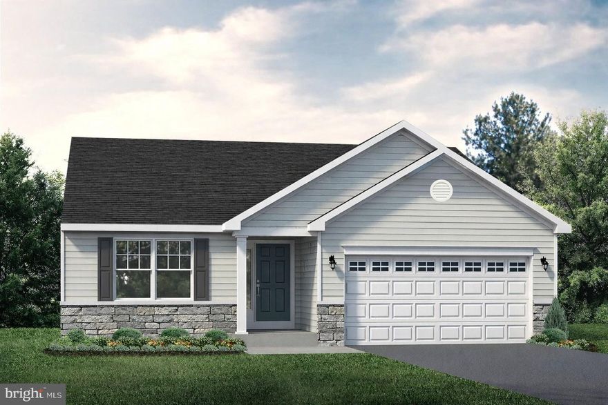New construction Elmcrest B ranch home in Centre Hall featuring 3 bedrooms, 2 full baths, and an unfinished basement. Open-concept layout with spacious family room, dining area, and upgraded kitchen with granite countertops, upgraded cabinetry, center island, and stainless-steel appliances including electric range, microwave hood, and dishwasher. Private Owner’s Suite includes a walk-in closet and en suite bath. Two additional bedrooms and full hall bath provide flexible living space. Traditional exterior with vinyl siding, stone accents, covered front porch, and 2-car front-entry garage. Additional features include luxury vinyl plank flooring in main living areas, electric heat, and central air. Convenient location near State College, parks, trails, wineries, and outdoor recreation.