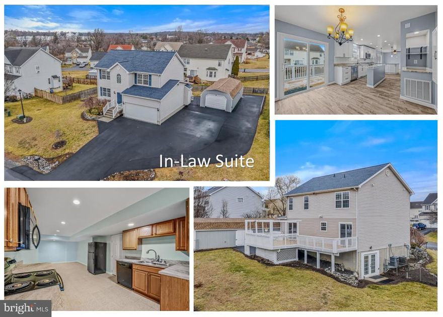 This spacious 5‑bedroom, 3.5‑bath colonial in the Summer Hill community offers 2,656 square feet of finished living space and a highly functional layout ideal for multi‑generational living. The lower level features a complete in‑law suite with its own kitchen, living and dining areas, bedroom, full bath, private walk‑out entrance, and a chairlift providing easy access to the main floor. The main level includes bright living, dining, family, and kitchen spaces, while the upper level offers four additional bedrooms, including a generous primary suite. Outdoor living is enhanced by a large back deck overlooking a fully fenced backyard, and the property includes a rare 32' x 14' insulated and heated storage building with 100 amp electric service for tenant use. Parking is exceptional, with an attached two‑car garage and a large driveway accommodating up to six additional vehicles. Located close to shopping and everyday conveniences, the home also provides quick access to major commuter routes, making it an ideal blend of comfort, accessibility, and practicality.