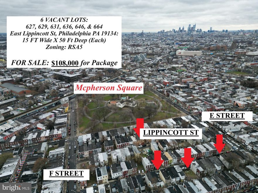 6 Lot Package on 600 Block of East Lippincott in Kensington 

627 Easy Lippincott St, Philadelphia PA 19134 (15 FTX50FT) RSA5 ZONING
629 Easy Lippincott St, Philadelphia PA 19134 (15 FTX50FT) RSA5 ZONING
631 Easy Lippincott St, Philadelphia PA 19134 (15 FTX50FT) RSA5 ZONING
636 Easy Lippincott St, Philadelphia PA 19134 (15 FTX50FT) RSA5 ZONING
646 Easy Lippincott St, Philadelphia PA 19134 (15 FTX50FT) RSA5 ZONING
664 Easy Lippincott St, Philadelphia PA 19134 (15 FTX50FT) RSA5 ZONING

All lots on the same block - between E Street & F Street off of Allegheny Avenue in the heart of Kensington. Right by K&A. Development will be coming this way soon. This is a good buy & hold opportunity to get your hands on 6 building sites on the same block. Easy access to the El, McPherson Square, Kensington Ave, & Allegheny Ave. 

Any builder, or aggregator of land understands the added value of having parcels together on the same block. 6 Parcels together ultimately will reduce your building costs and efficiency - acquire the land now before the prices increase. 

Asking Price: $108,000 (MUST BUY ALL)