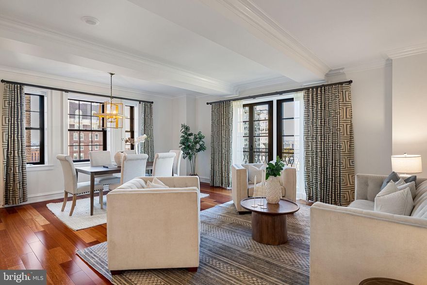 Magnificent, custom residence overlooking Rittenhouse Square. One-of-a-kind Rittenhouse Square facing three bedroom, three full bathroom residence with all rooms looking out onto Rittenhouse Square. The home has been meticulously maintained and beautifully updated. Through a welcoming foyer with large coat closet is the grand great room boasting architectural ceiling details, two west-facing Juliet balconies that literally bring the Square into the condominium, and an open living/dining area, ideal for entertaining. Adjacent is the beautifully-appointed, open kitchen with custom cabinetry, marble countertops, designer marble tile backsplash, stainless steel sink with garbage disposal, under cabinet lighting, tile floor, breakfast bar, and a suite of high-end appliances including a stainless steel Wolf gas oven and range with hood, Bosch built-in microwave, paneled Bosch dishwasher, and paneled Sub Zero refrigerator. The luxurious primary suite features spectacular light from two Juliet balconies overlooking The Square, space for a seating area, two walk-in closets with custom built-ins, and a spa-like ensuite bathroom appointed in marble with double vanity, separate water closet, tub shower, and glass enclosed walk-in shower. There are two additional bedrooms with oversized windows and deep wall closets that enjoy use of their own adjacent hall bathrooms both boasting beautiful marble tilework throughout. One bathroom has a glass enclosed walk-in shower and the other has a tub shower and laundry closet with stacked Whirlpool washer/dryer. Additional home highlights include Brazilian cherry hardwood floors, crown and baseboard molding, custom trim and millwork, and recessed lighting throughout. Two parking license sand storage room in the building are also included. Residents of Parc Rittenhouse enjoy world class amenities and services including a 24 hour doorman; an amenities suite that includes a brand new state-of-the-art fitness center and resident lounge with pantry; media room; outdoor rooftop pool club with a large pool deck, full size pool, kids pool and hot tub; garage parking below the building for an additional fee; and two amazing restaurants on the ground floor, Stephen Starr’s Parc and Via Locusta.