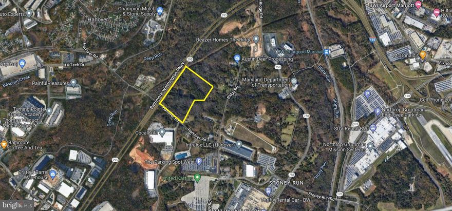 35 acres raw land. Zoned W-1 (industrial Park District). Utilities to site (Public water where Preston Gateway Dr. intersects Hanover Rd; sanitary sewer within existing ROW along Hanover Rd). There are two ponds on the property as well as wetlands- roughly half of the property is developable. MSHA has planned an interchange on/off MD-295 at Hanover Rd; the construction date is unknown. Potential uses include: airport parking ,light manufacturing, distribution, fabrication and assembly uses, hotel, laboratory/R&D, showroom, general warehousing and storage, business complexes. Well-located in close proximity to BWI Airport. Please contact brokers for more information.