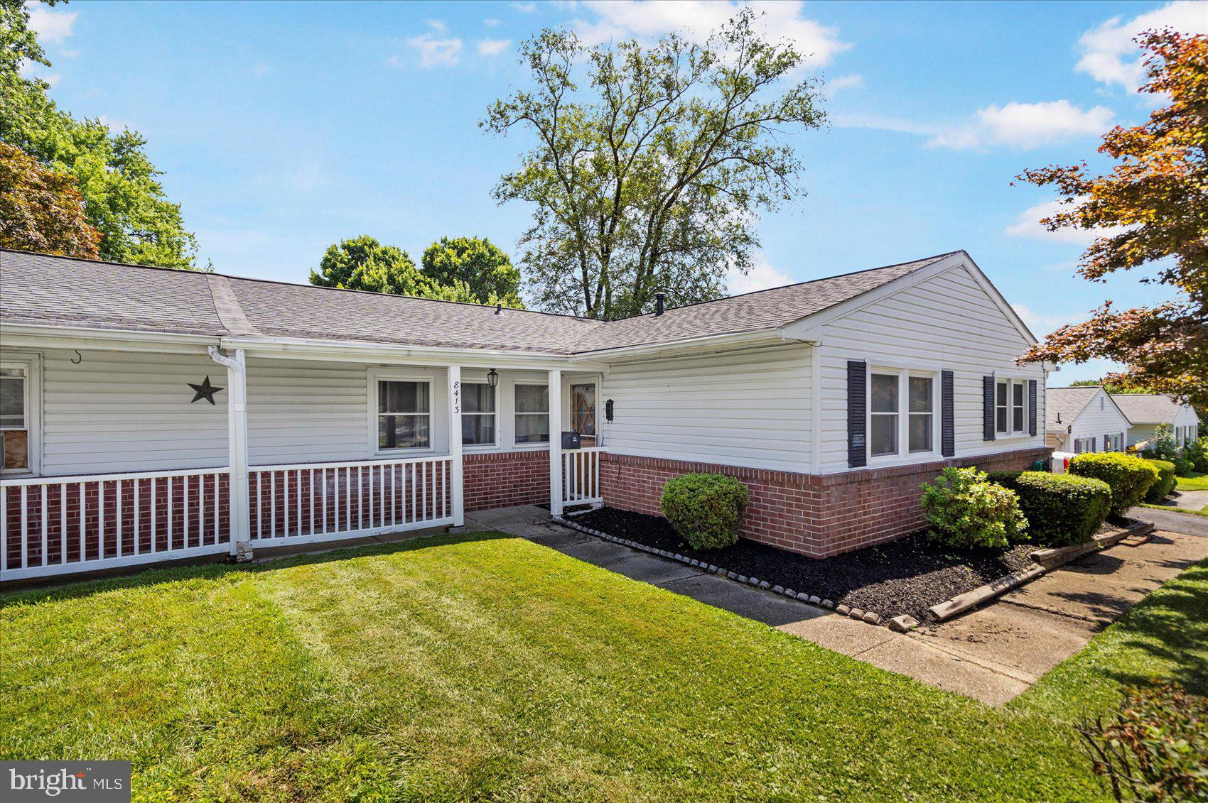 Spacious 3BR/1.5BA semi-attached rancher located on a quiet street in Hallmark Manor! Park in your private driveway and make your way past landscaping with green space and adult trees, on the way to the covered front door of your new home. Step inside to a large open floor plan offering a spacious living room with a bay window, a sizable dining room with sliding doors to the fenced yard, a spacious kitchen with an open concept breakfast room. The kitchen features plenty of cabinets and counter space, stainless appliances, a peninsula with breakfast seating, and laundry. Down the hall are two sizable secondary bedrooms, a large primary, and a full bath offering jack-n-jill access from the primary. From the breakfast room step outside to a covered patio in a yard filled with green space, pavers, and a shed. This home is ideal for any new homeowner and is located in close proximity to shopping, restaurants, and commuter routes.