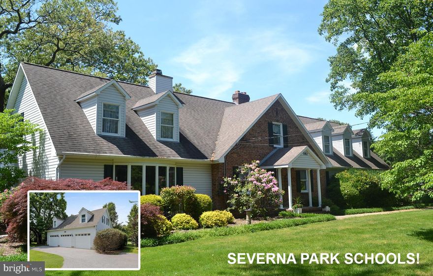 One of a kind, custom cape cod with a huge three car, detached garage and separate one bedroom apartment. Main house features 5 bedrooms, 4 full baths, 2 car garage and a huge, 27 x 27 great room.  Impressive master suite with custom walk-in closet and master bath.  The whole main house has been recently carpeted and repainted.  Near the back of the manicured lot is the three car garage with 800 square foot, upper level in-law suite or apartment.  Suite includes full kitchen, large living room / dining room, full bath, and spacious, light filled bedroom.  Laundry as well.  Apartment space is ideal for in-laws, adult children, an office for your business, or the ultimate man cave. 3 car garage is heated and HUGE.  Easily big enough for a boat on a trailer (see pics).  Exposed aggregate patio off main house allows you to enjoy the beautiful, mature landscape. Property has three beautiful trees that approach 100 years old.  MAJOR PRICE REDUCTION - Severna Park school system!